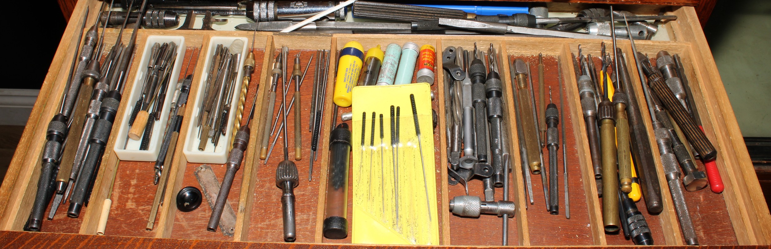 A mid-20th century oak side cabinet, now fitted for the horologist, containing various tools and - Image 5 of 8