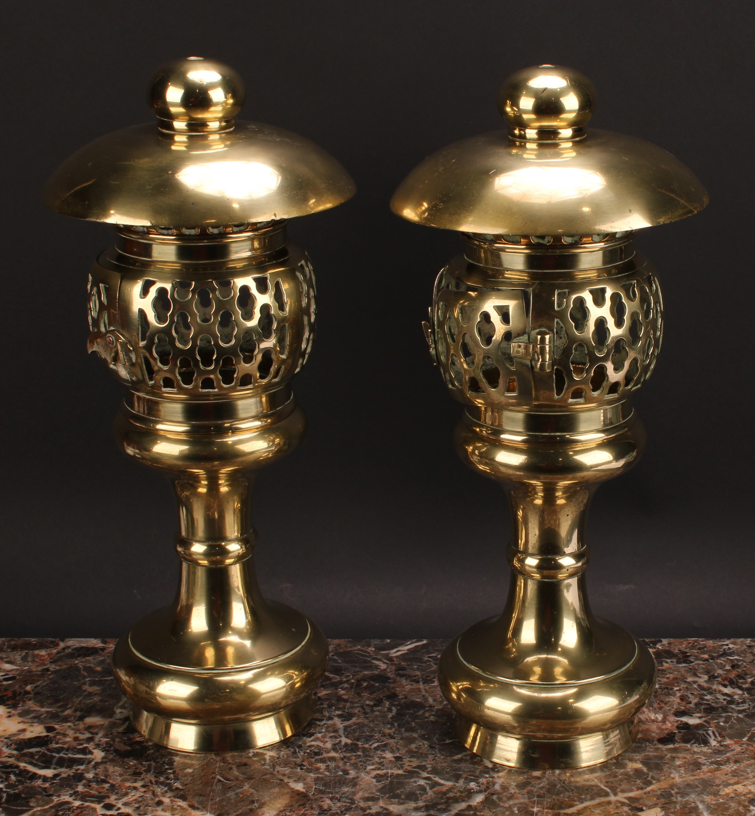 A pair of 19th century brass pagoda temple lamps, each with domed oversailing canopy above a pierced - Image 4 of 4