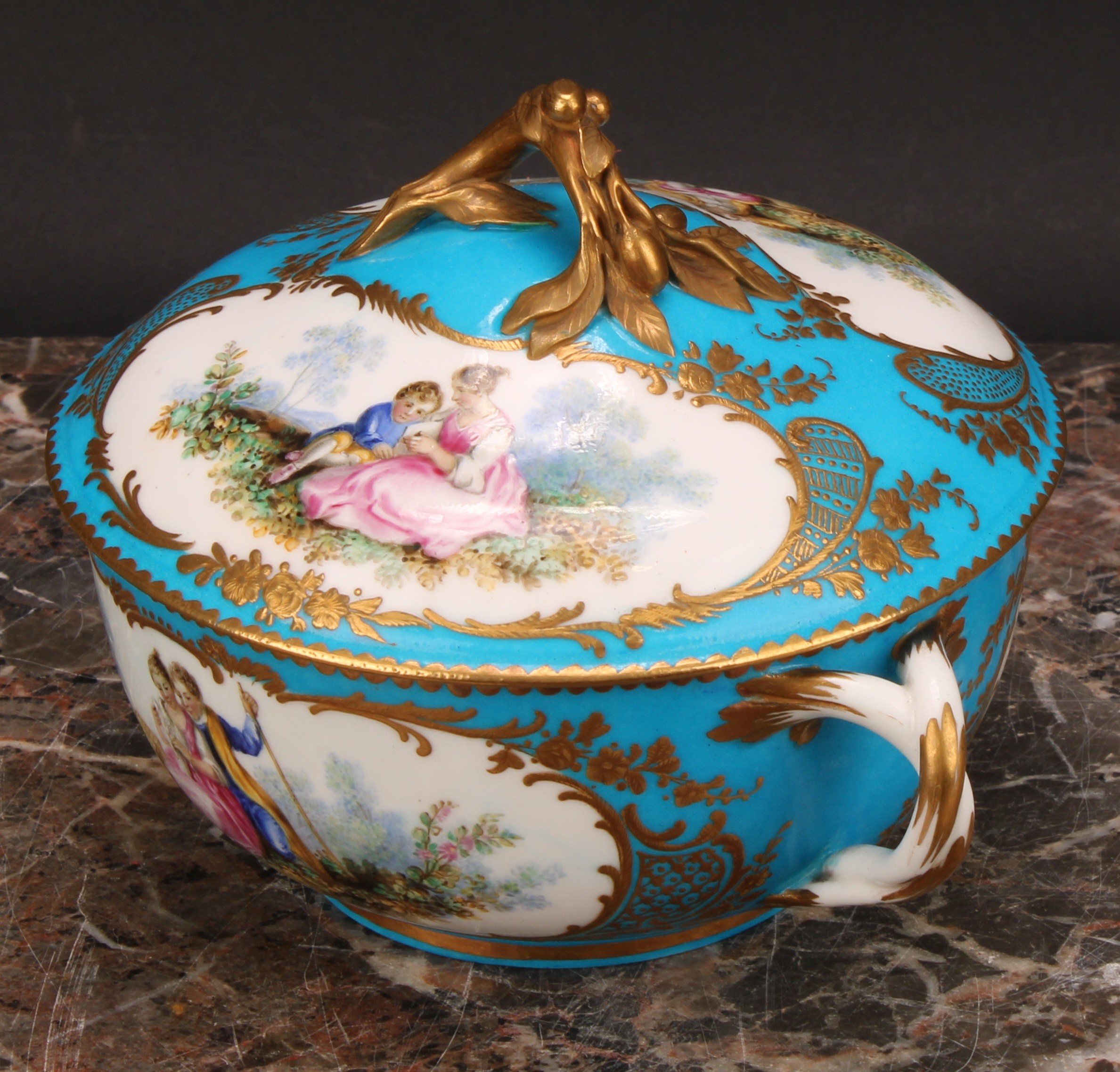 A Continental porcelain eculle and cover, painted with courting couples in a pastoral idyl, within - Image 5 of 8