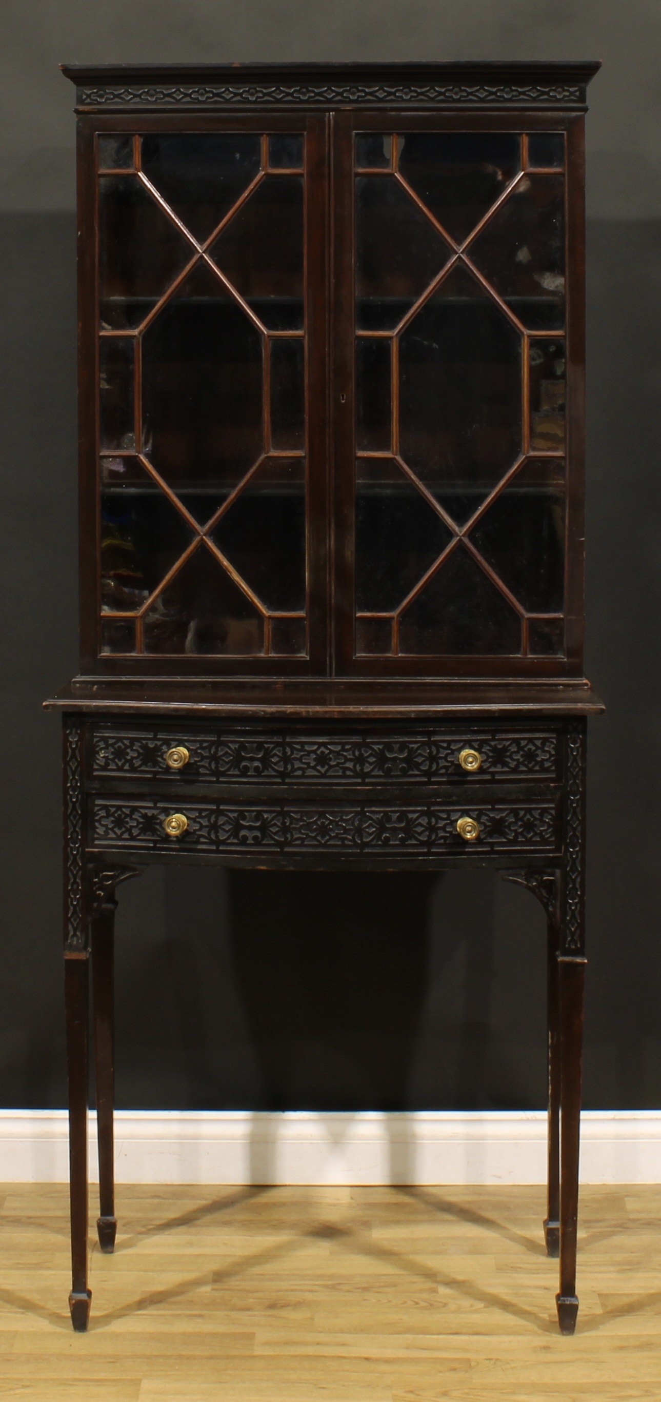 A Chippendale Revival mahogany and blind fretwork library bookcase, moulded cornice above a pair - Image 2 of 5