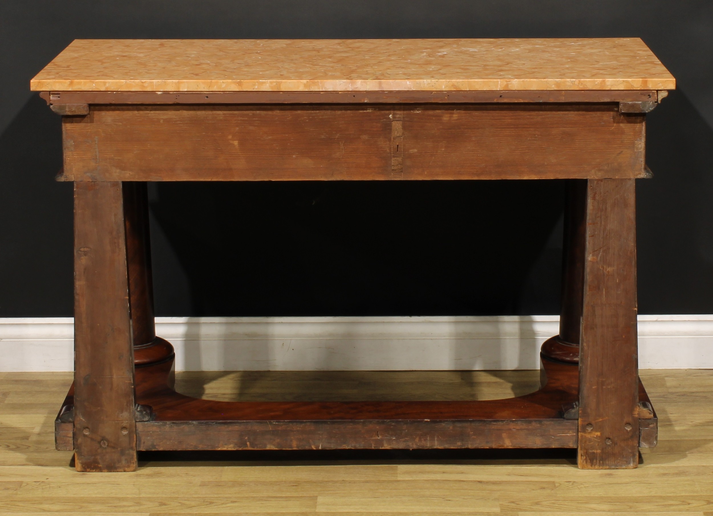 A Victorian mahogany pier table, marble top above two frieze drawers, spreading cylindrical - Image 6 of 6