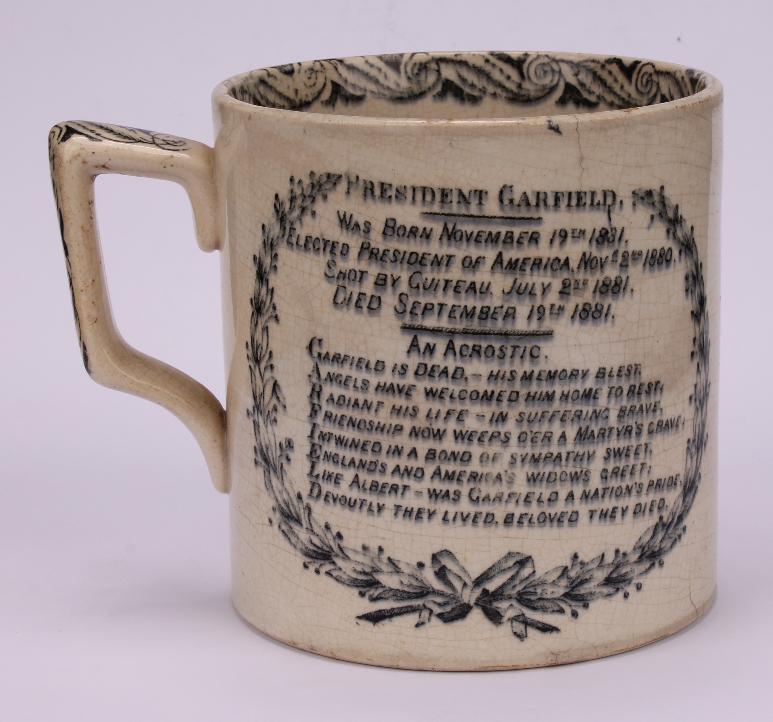 A Staffordshire Burslem mug, printed in monochrome with a portrait of President Garfield (1831 - - Bild 3 aus 5