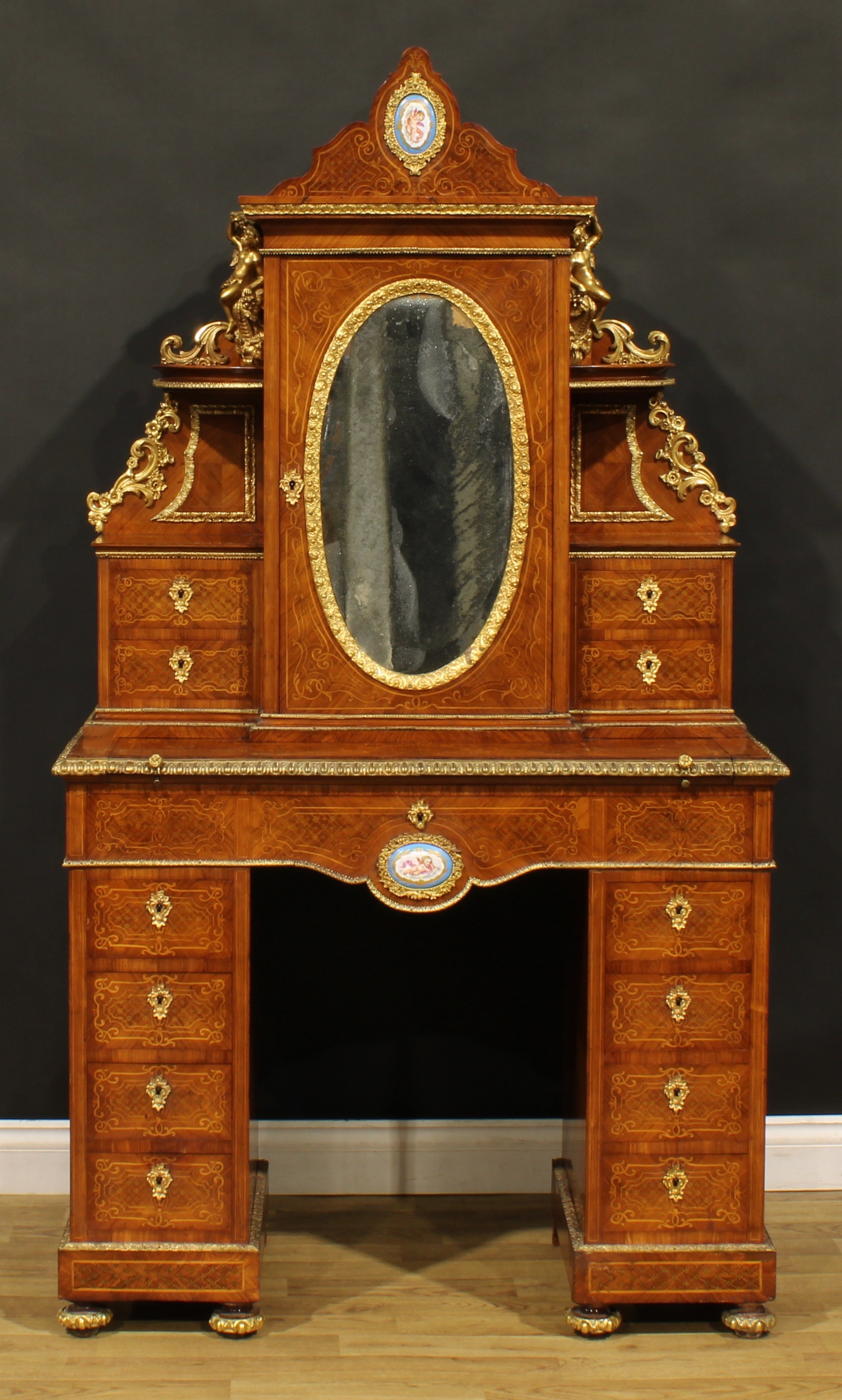 A Louis XV Revival gilt metal and porcelain mounted kingwood and marquetry exhibition-type twin - Image 4 of 7