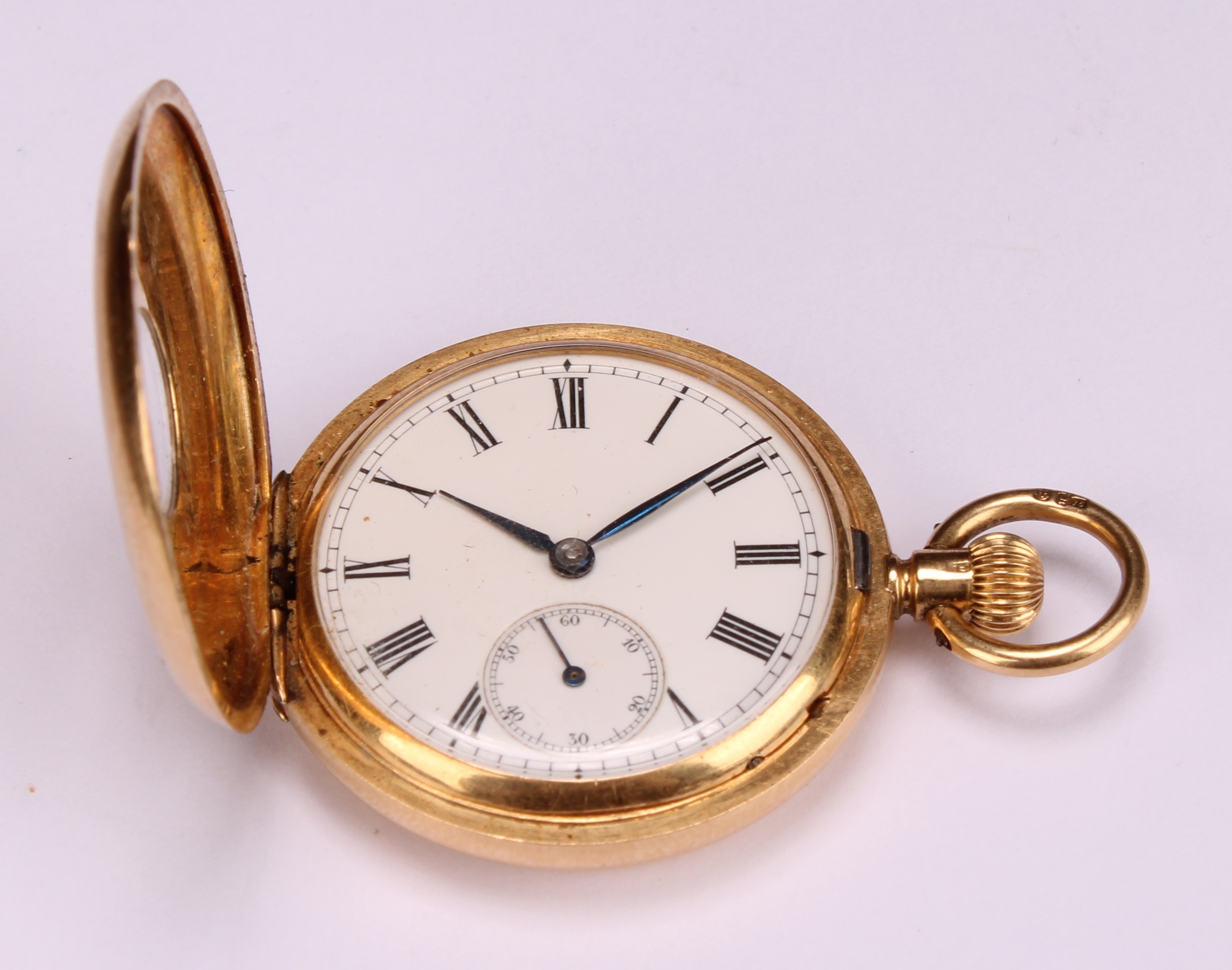 A lady's 18ct gold half hunter pocket watch, white enamel dial, Roman numerals, subsidiary seconds - Image 2 of 7