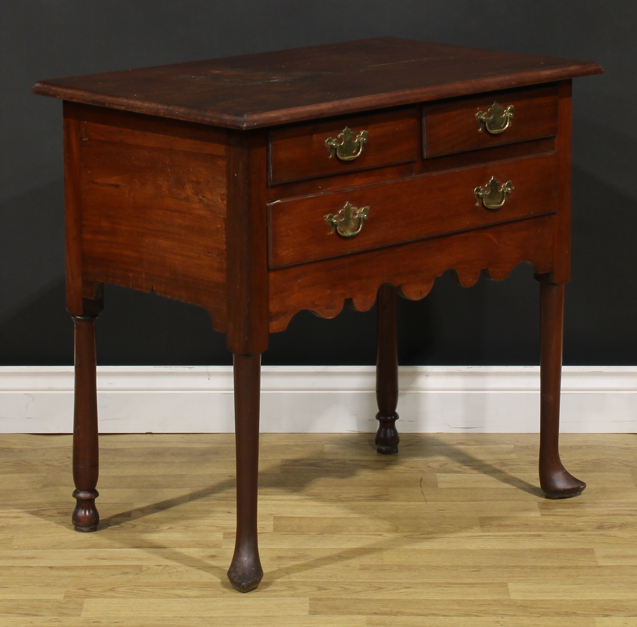 A 19th century American mahogany lowboy, rectangular top above two short and one long drawer, shaped - Image 3 of 6