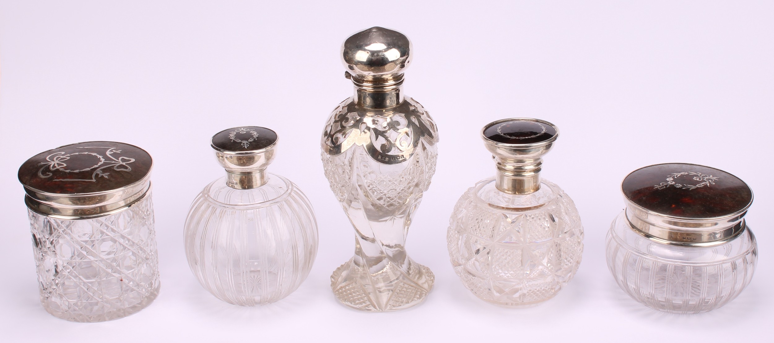 A George V silver, tortoiseshell and pique globular scent bottle, hinged cover inlaid in the Neo- - Image 2 of 7