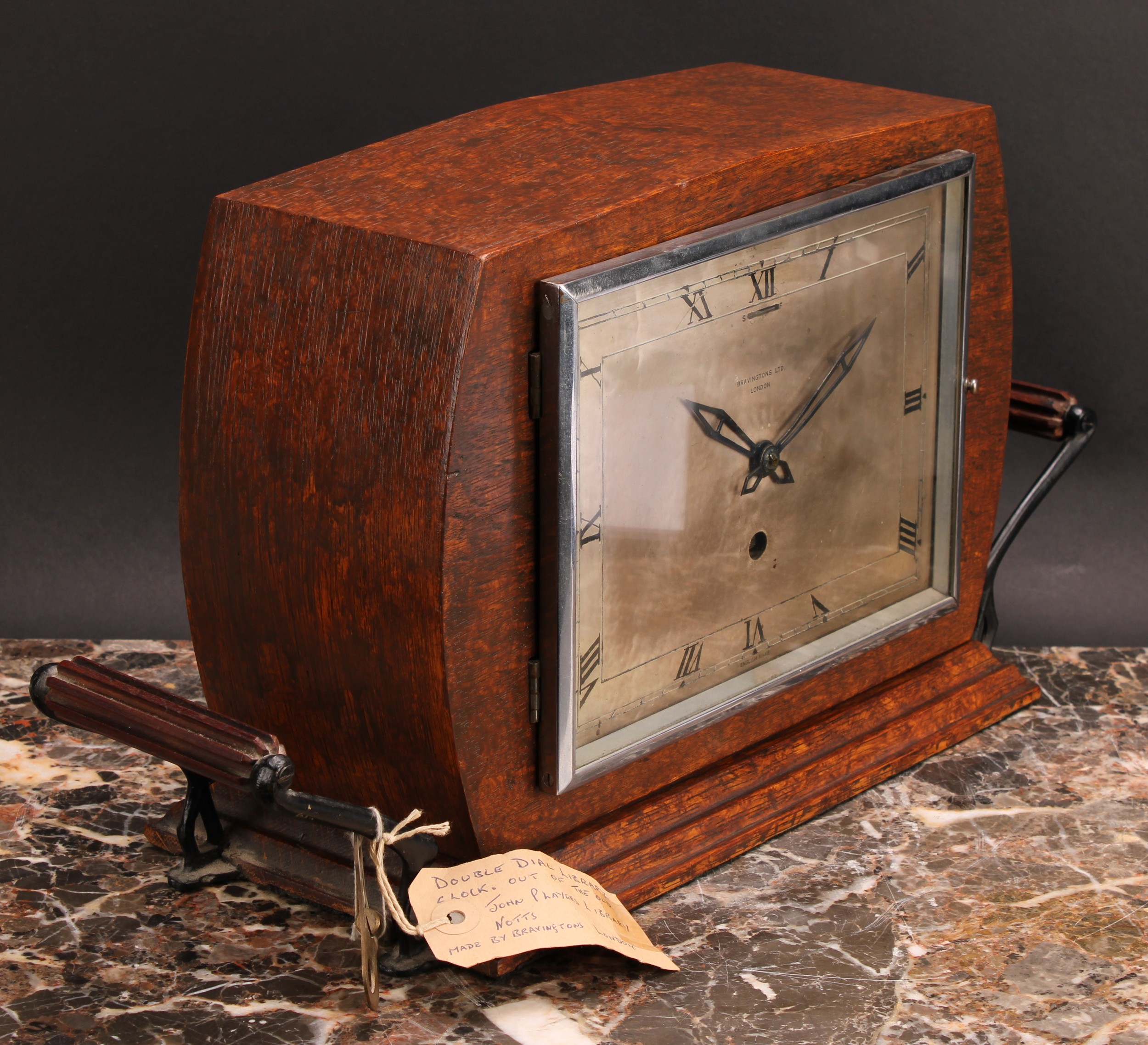 An early 20th century oak double-dial club timepiece, 20cm rectangular silvered dial inscribed - Image 2 of 5