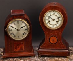 An Edwardian mahogany and marquetry balloon shaped mantel clock, 10cm circular enamel dial inscribed