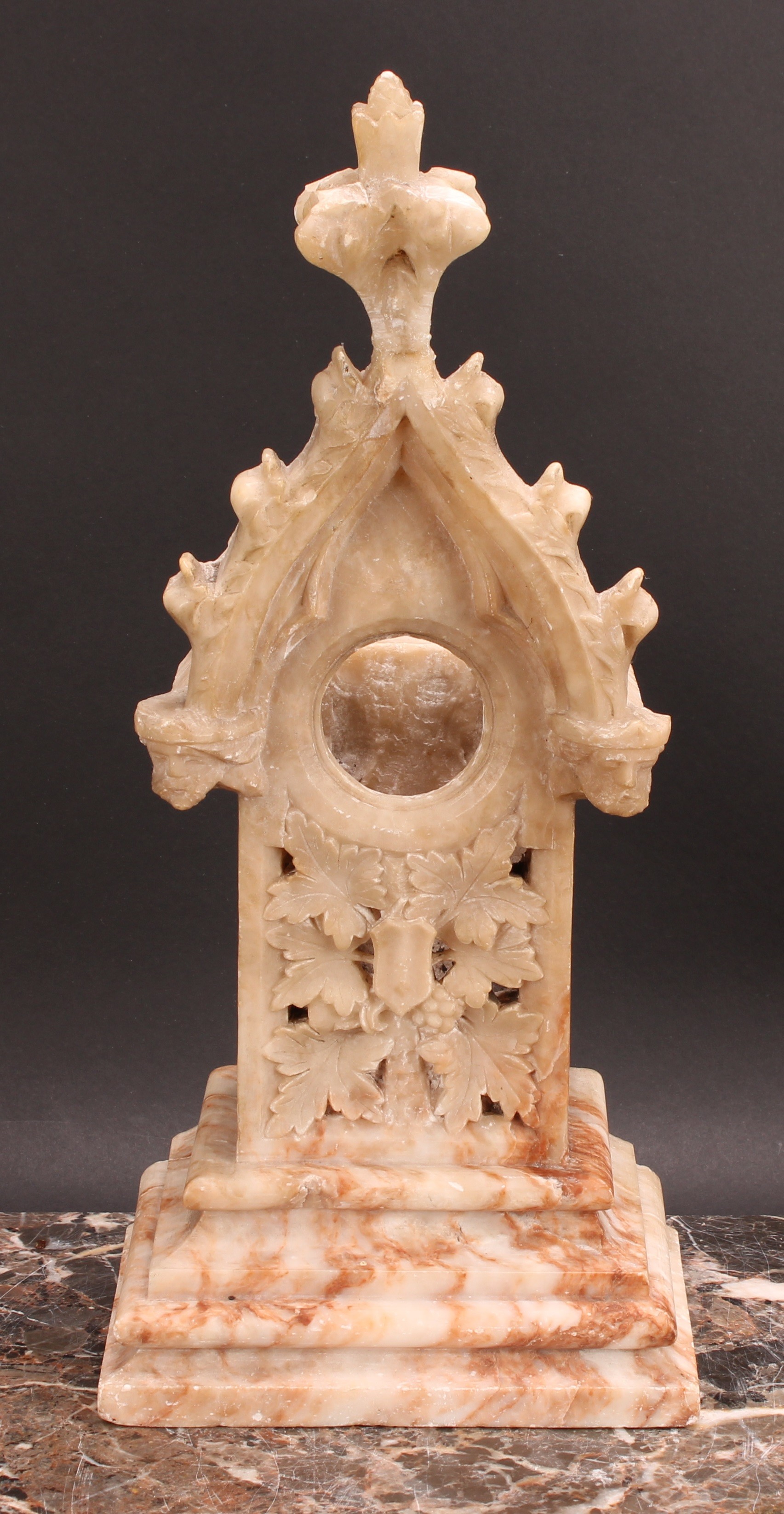 A late 19th century Gothic Revival alabaster architectural pocket watch stand, 37cm high, 16.5cm