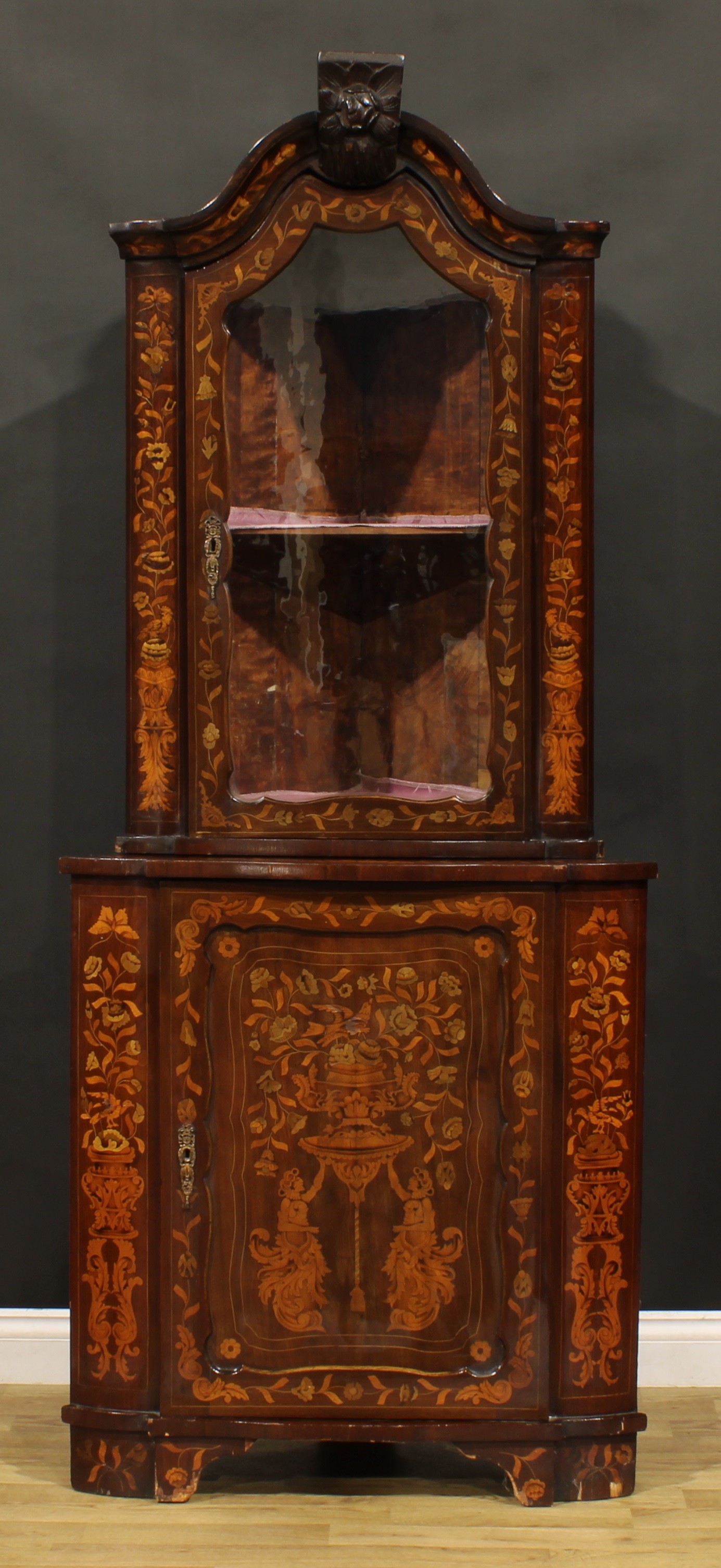 A 19th century Dutch marquetry floor standing corner display cabinet, arched cresting above a glazed - Image 2 of 2