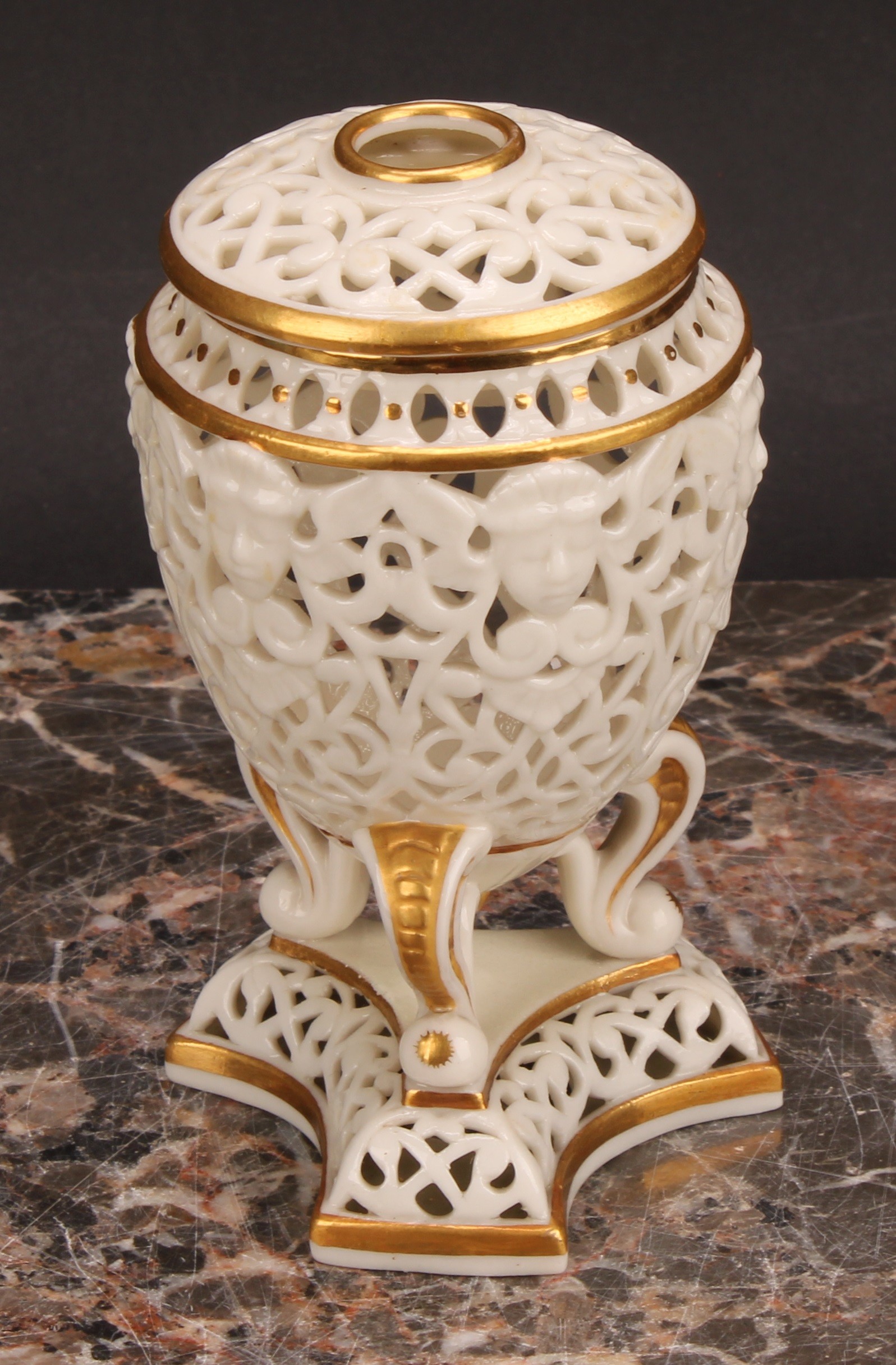A Graingers Worcester reticulated ovoid pedestal vase and cover, moulded with classical masks, three - Image 3 of 5