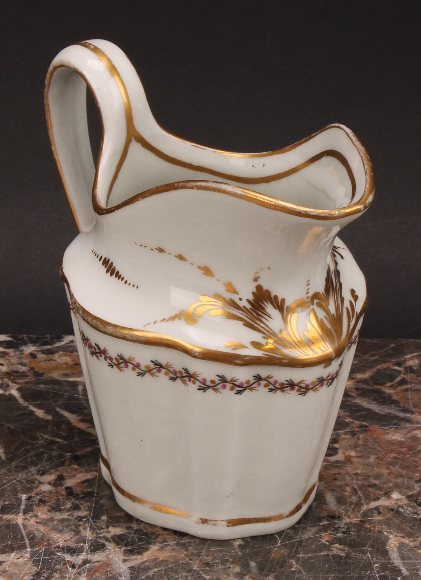 A Newhall helmet shaped cream jug, painted with scattered flowers, the interior with stylised floral - Image 10 of 12