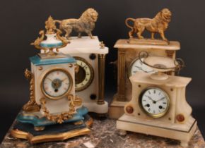 A late 19th century French alabaster mantel clock, the case crested by a lion, 36cm high, 23cm wide,