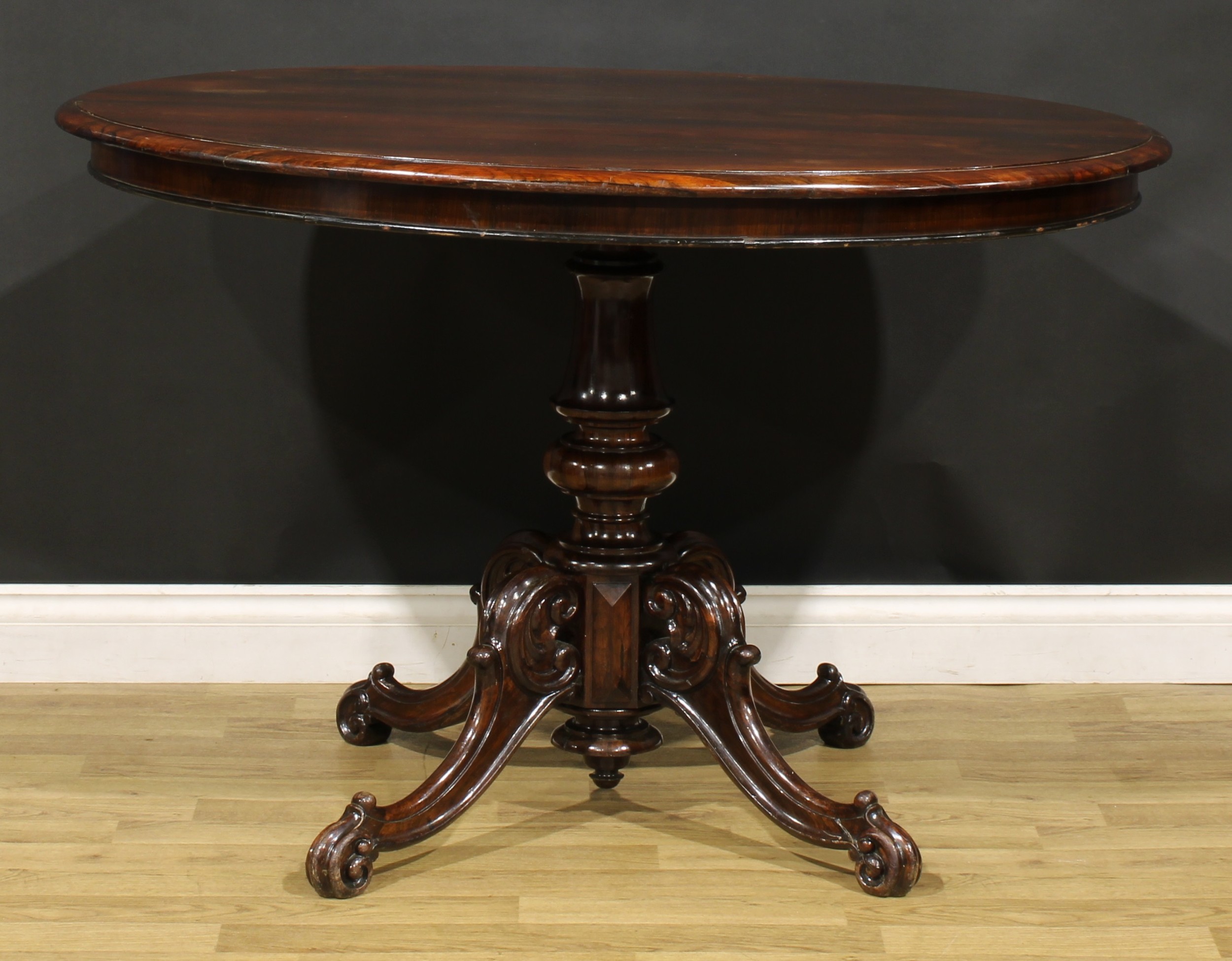 A Victorian rosewood centre table, oval top with moulded edge, turned column, cabriole legs carved - Image 5 of 5