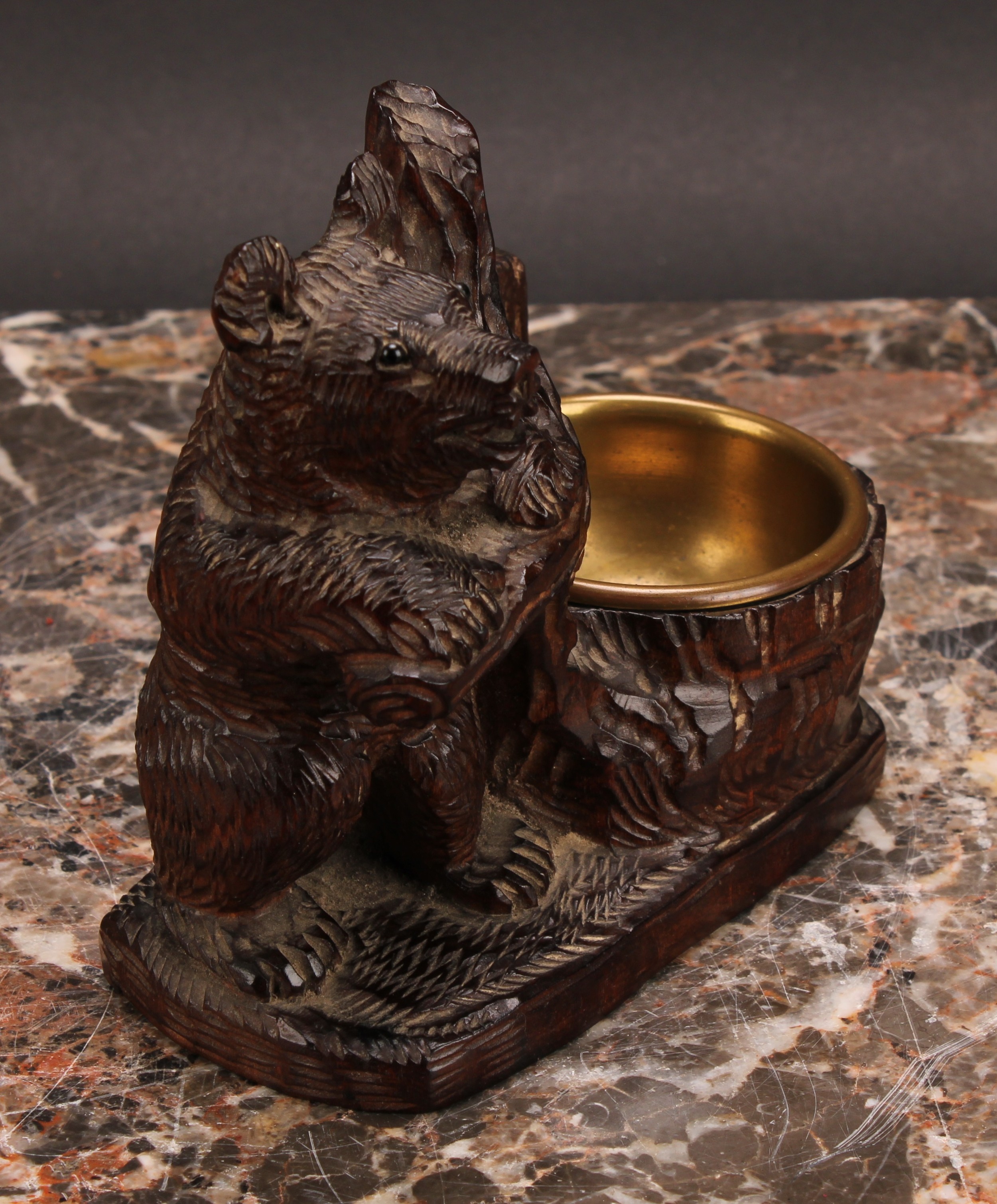 A Black Forest carved bear matchbox and vesta holder, brass liner, 11cm high - Image 3 of 5