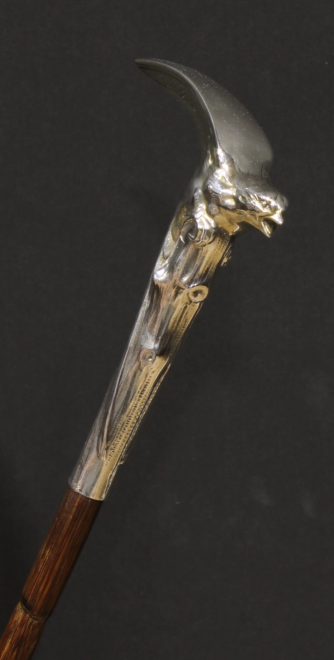 A French Art Nouveau silver novelty walking stick, the handle as an eagle perched on a rocky - Image 2 of 3