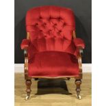 A Victorian mahogany library chair, stuffed-over upholstery, scroll hand rests, turned forelegs,