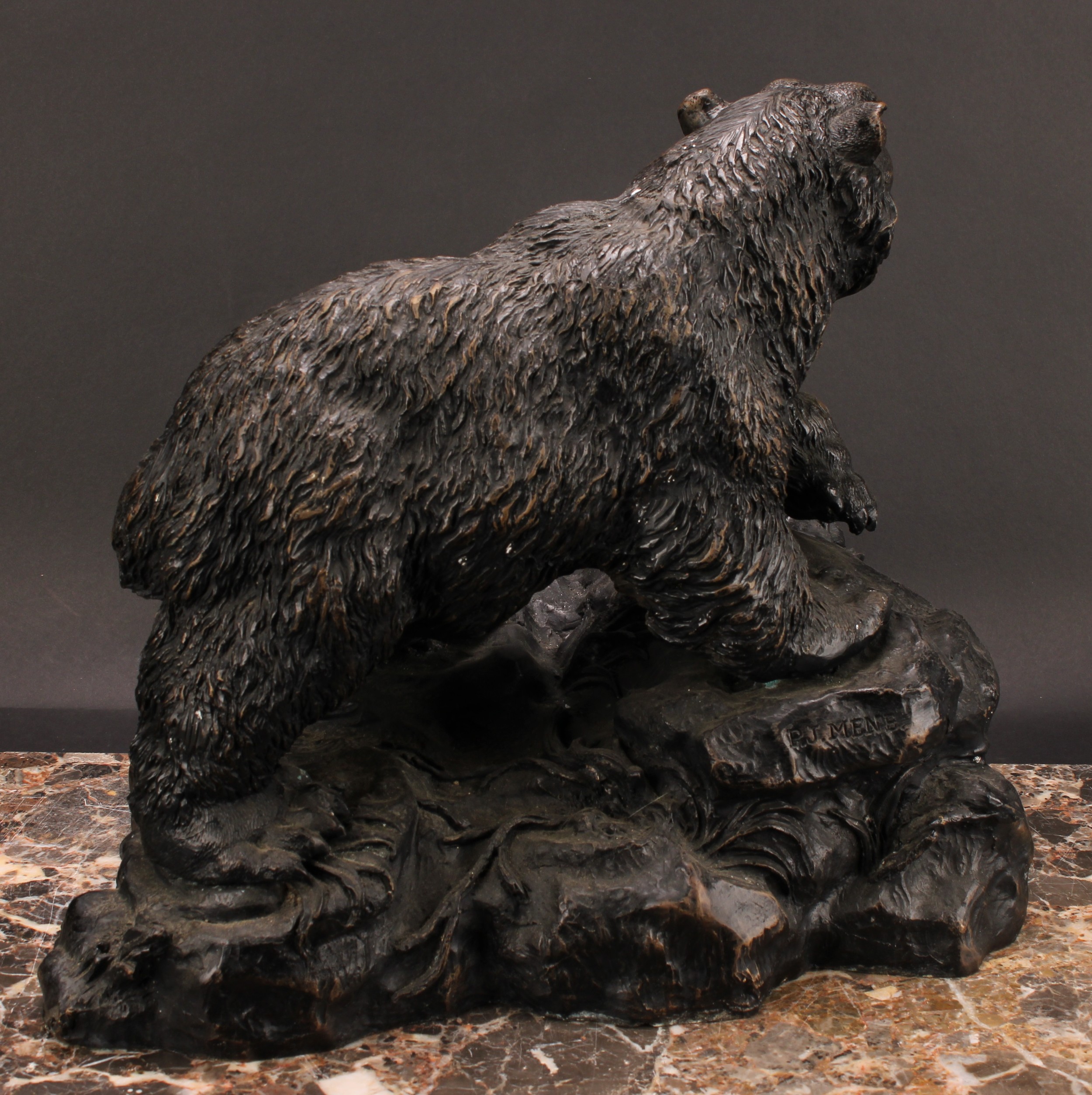 Pierre Jules Mene (1810-1879), after, a brown patinated bronze, of a ferocious bear, standing on a - Image 3 of 4