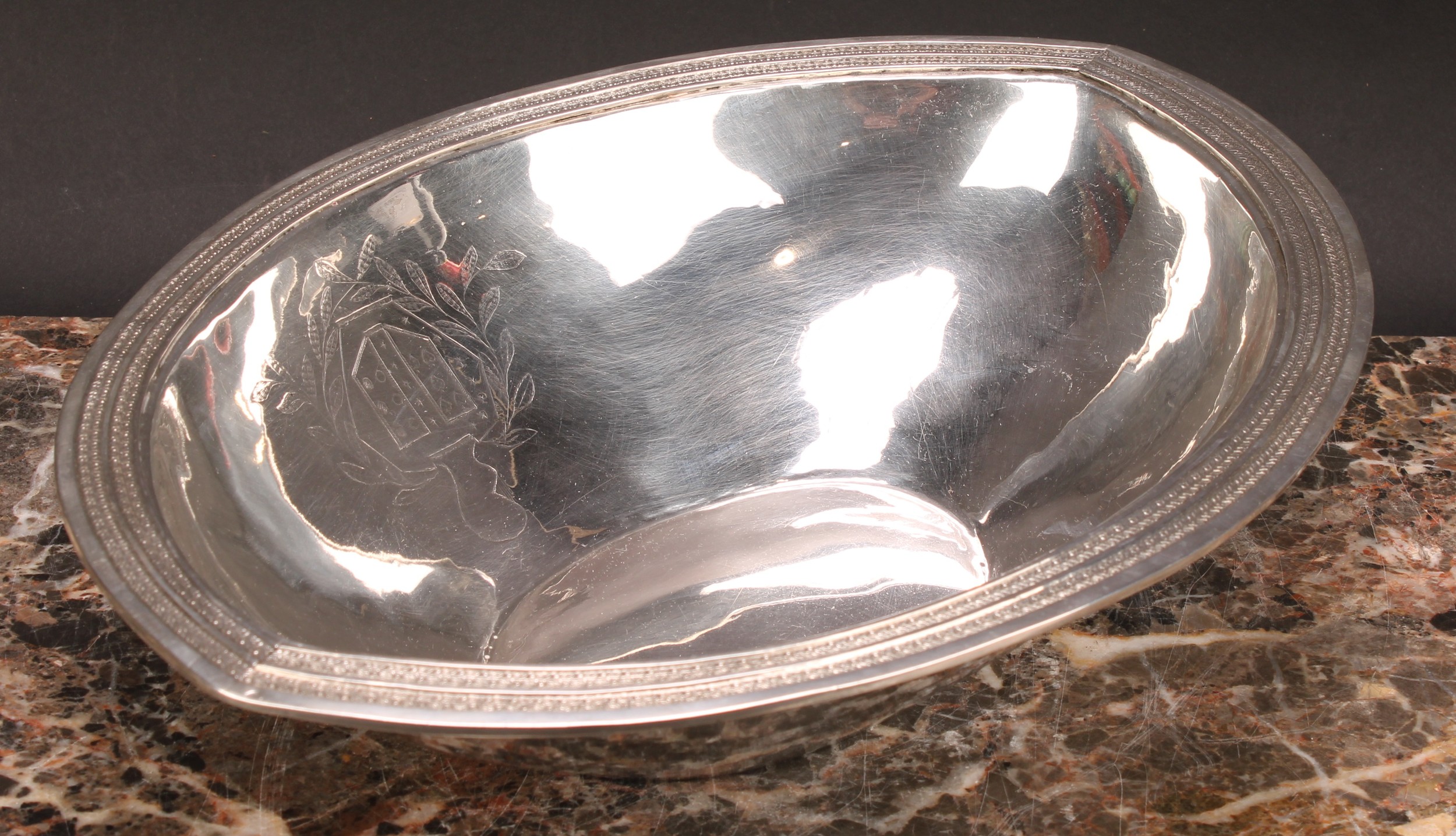 An early 19th century Spanish silver navette shaped dish, the border chased with a double band of - Image 3 of 4