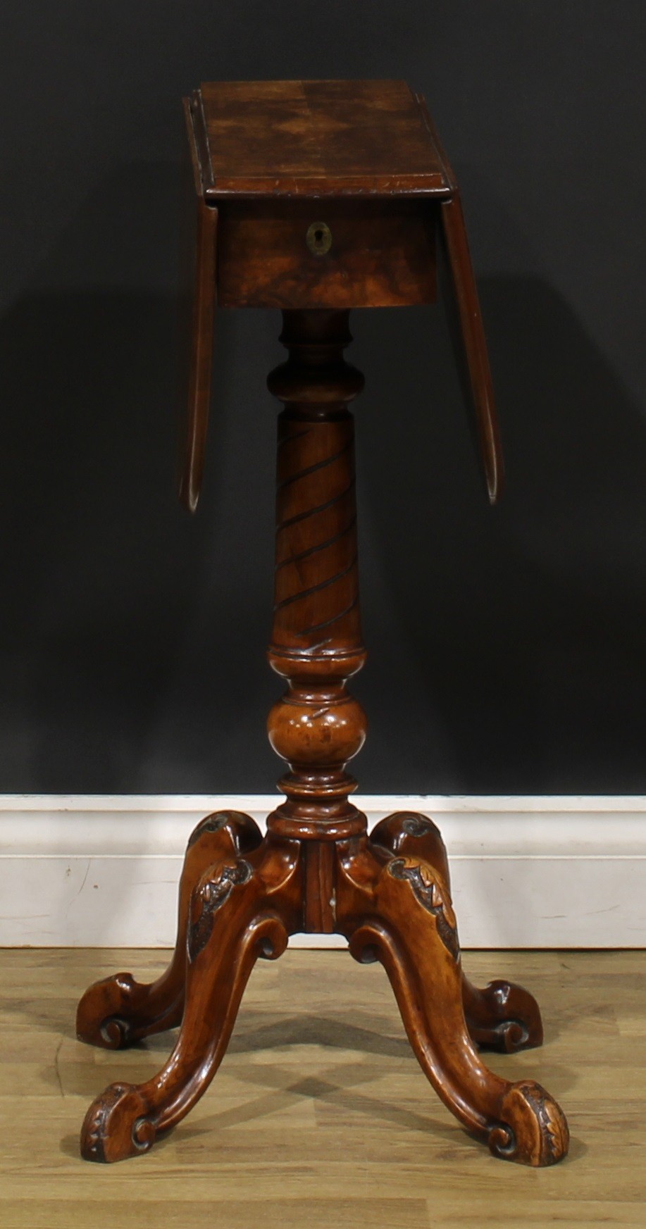 A Victorian walnut occasional table, quarter-veneered oval top with moulded edge and fall leaves, - Image 7 of 7