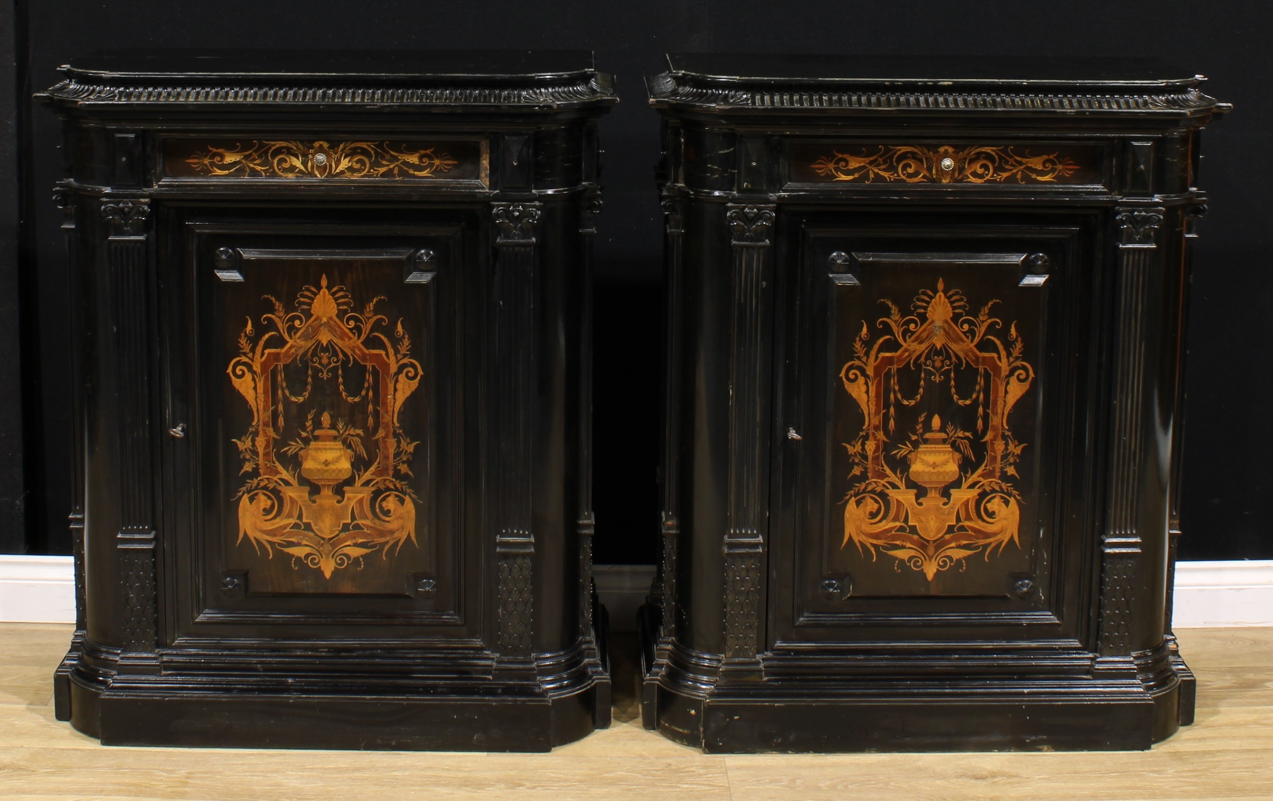 A pair of 19th century Continental ebonised and marquetry pier cabinets, each with a concave moulded - Image 2 of 12