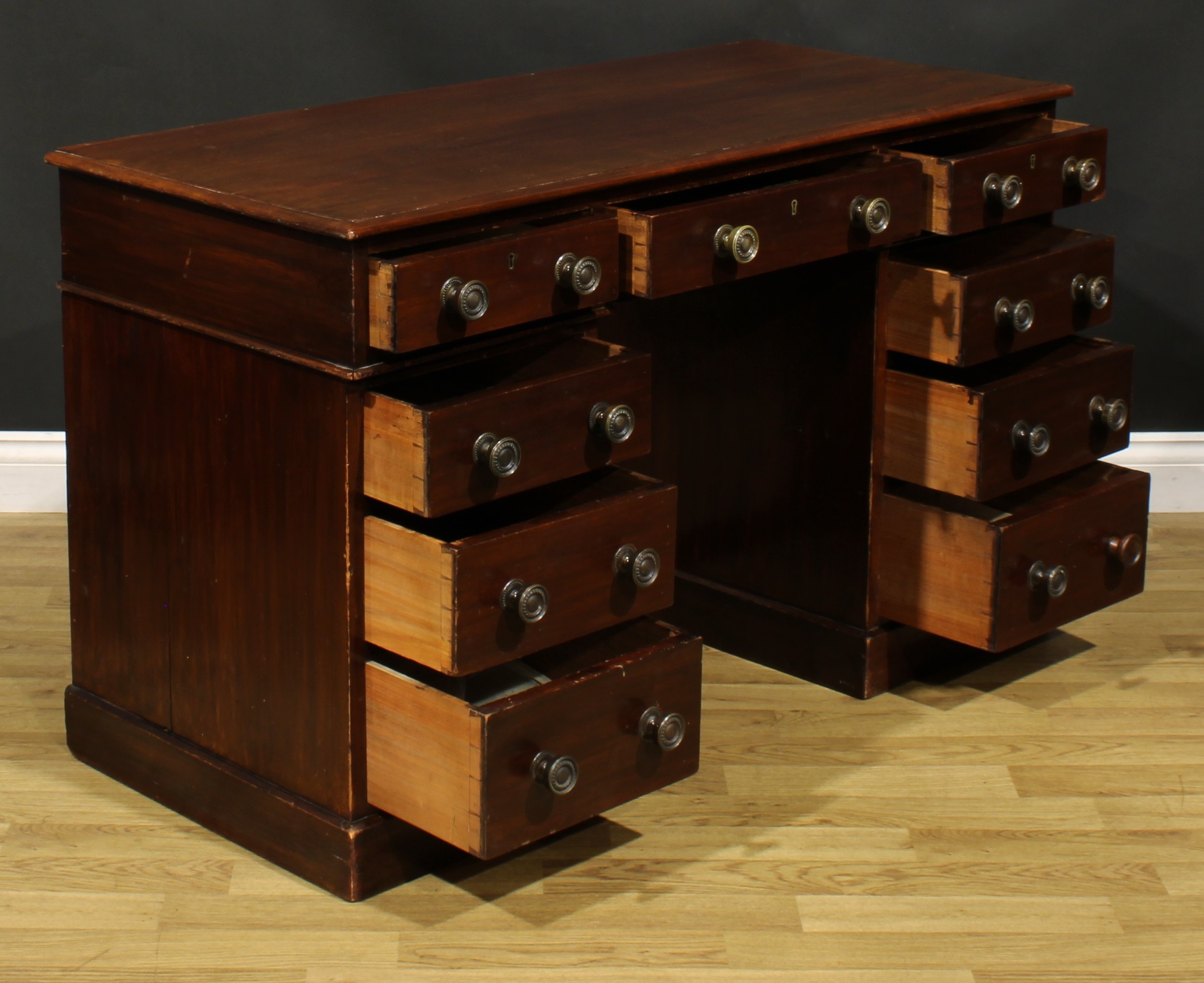 A late Victorian mahogany twin pedestal desk, by Heal & Son, London, rectangular top above an - Image 4 of 7