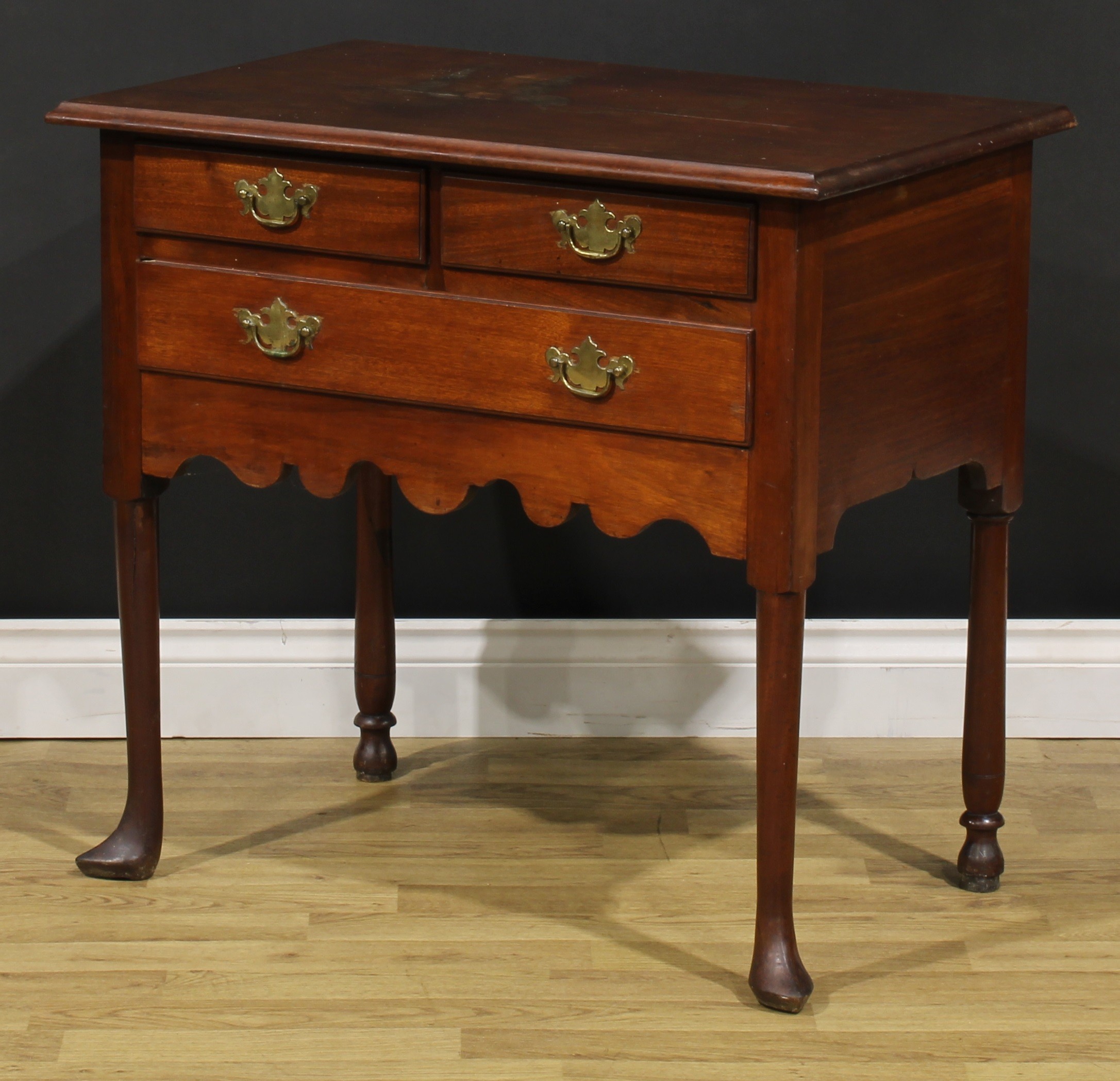 A 19th century American mahogany lowboy, rectangular top above two short and one long drawer, shaped - Image 5 of 6