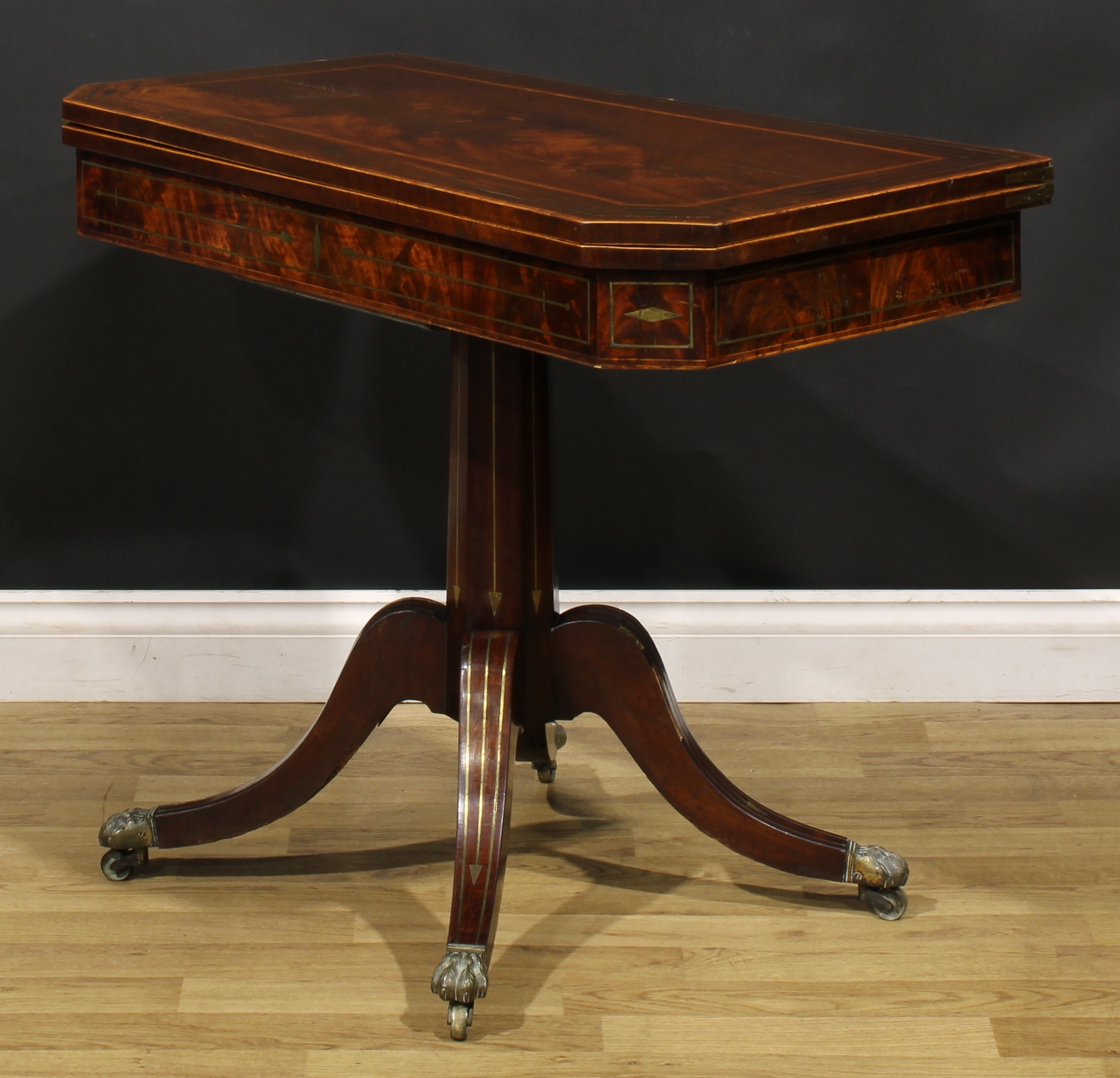 A Regency mahogany and brass marquetry card table, hinged top enclosing a baize lined playing - Image 5 of 6