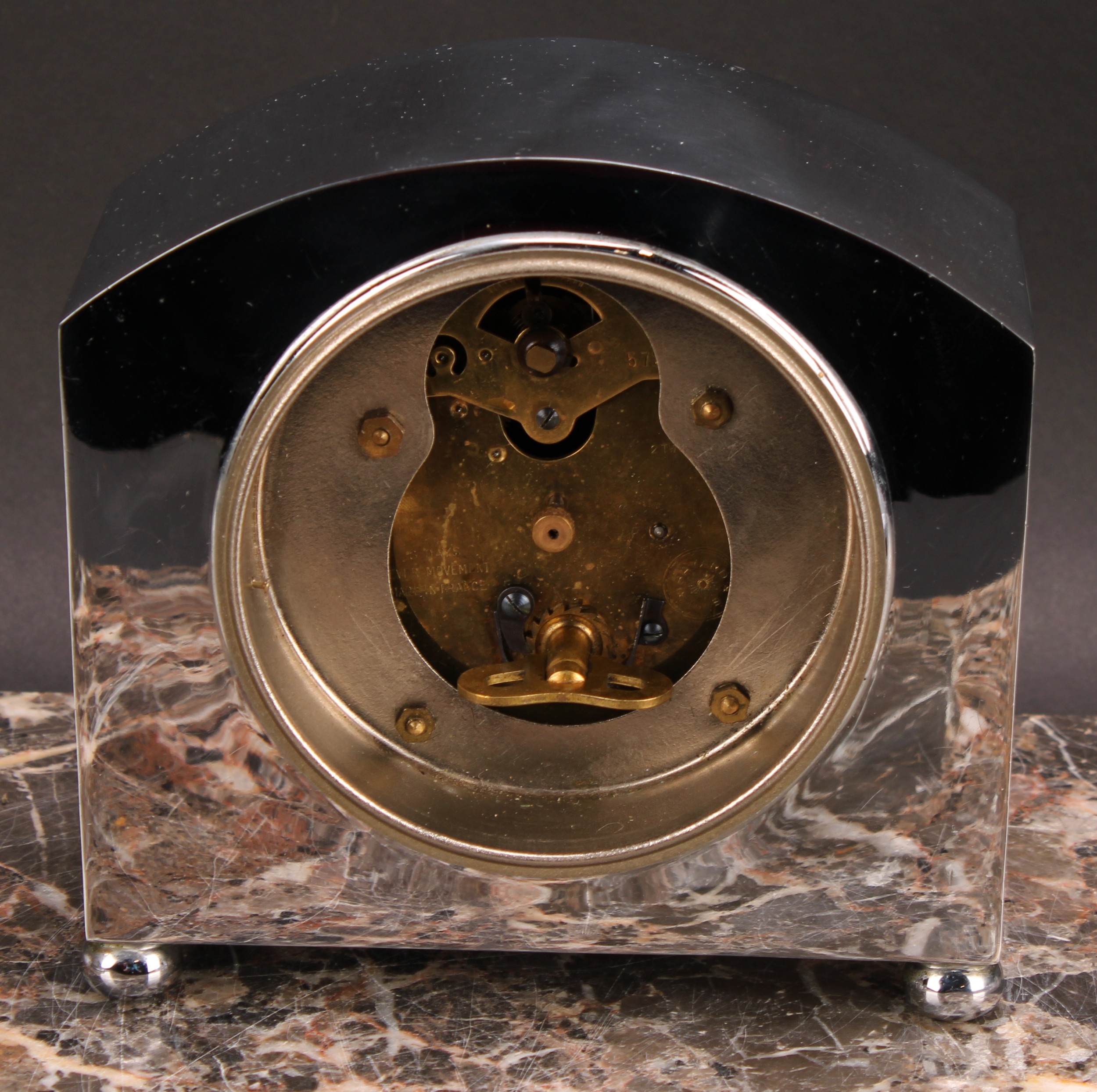 A mid 20th century French silver coloured metal mantel clock, 8cm circular enamel dial inscribed - Image 4 of 4