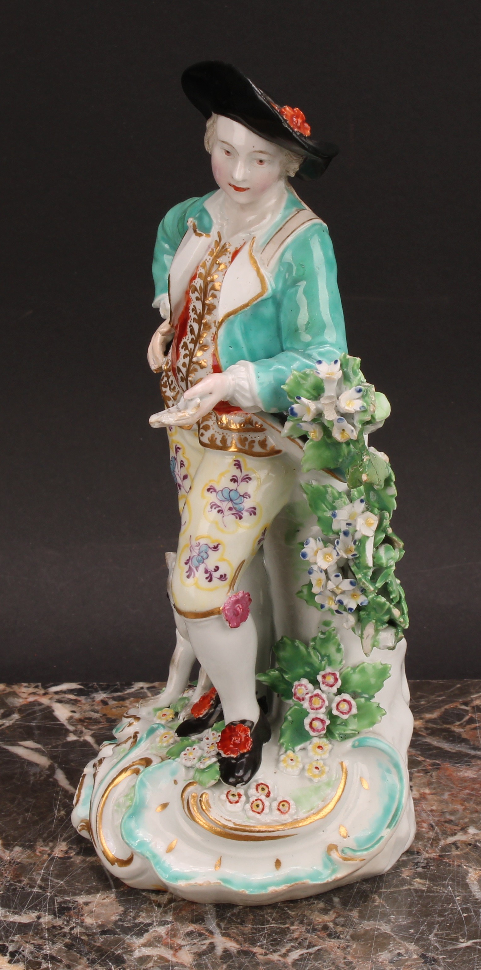 A pair of Derby figures, The Garland Shepherds, he wearing a broad brimmed black hat, turquoise - Image 8 of 10