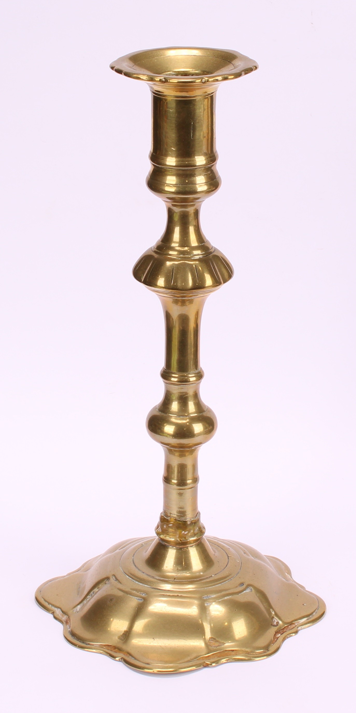 A pair of George II brass candlesticks, knopped pillars, domed shaped bases, 24cm high, c.1745 - Image 3 of 4