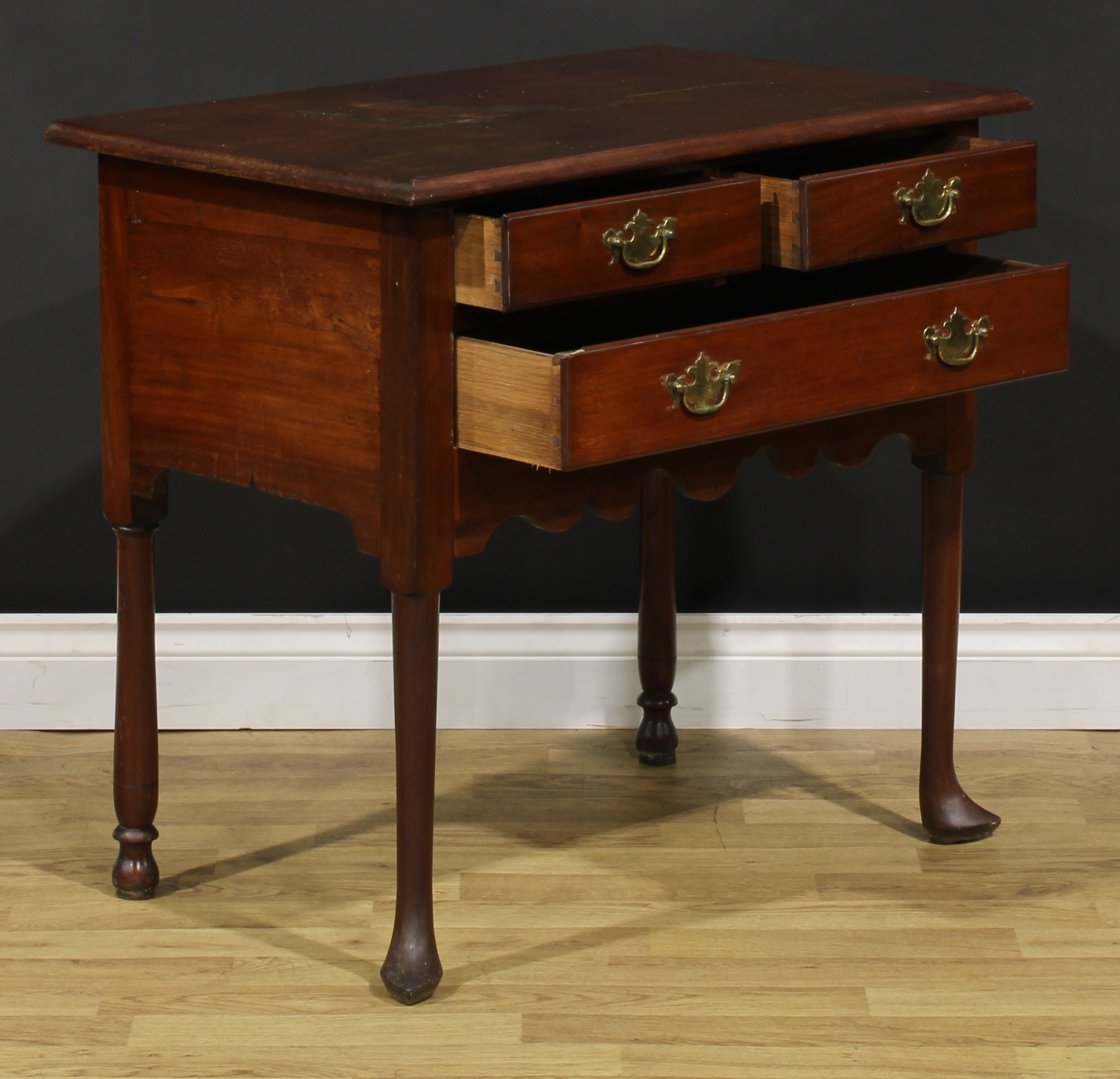 A 19th century American mahogany lowboy, rectangular top above two short and one long drawer, shaped - Image 4 of 6