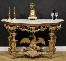 A 19th century giltwood pier table, in the manner of William Kent, shaped serpentine Carrara