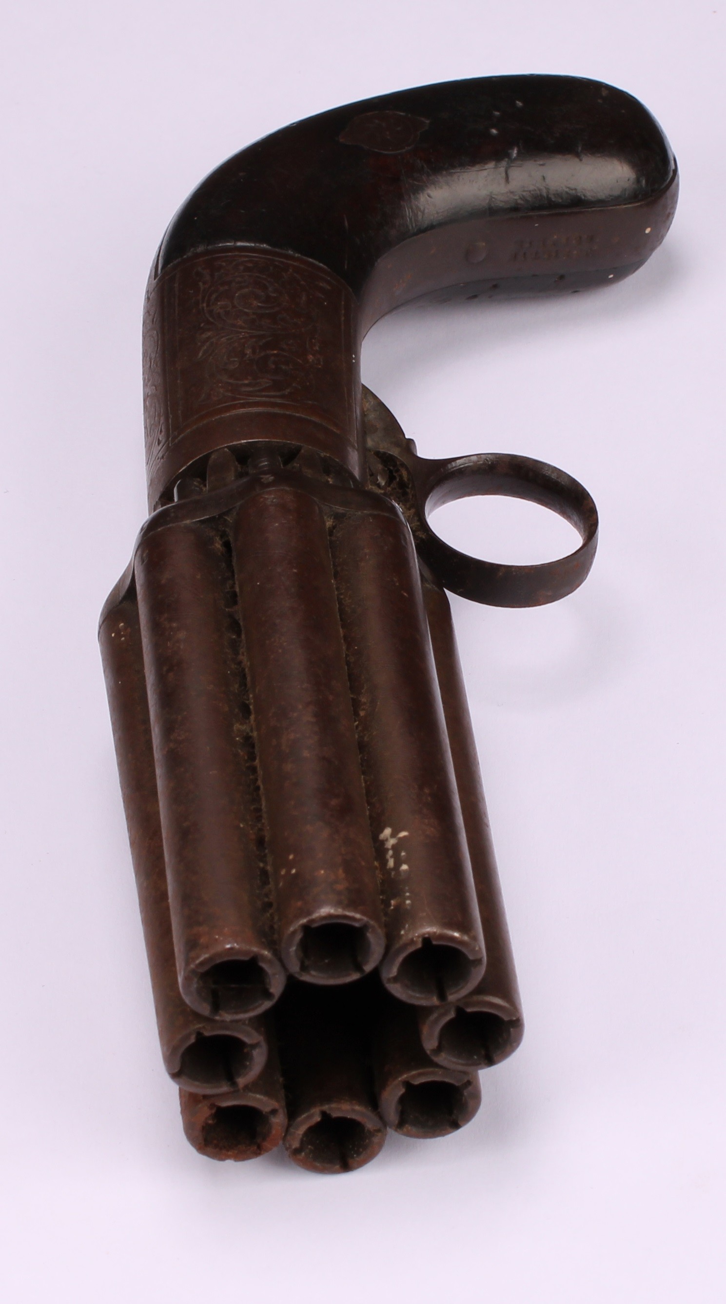 A 19th century eight-shot pepper-box revolver, 7.5cm barrel, engraved lock plate, two-piece grip, - Image 4 of 4