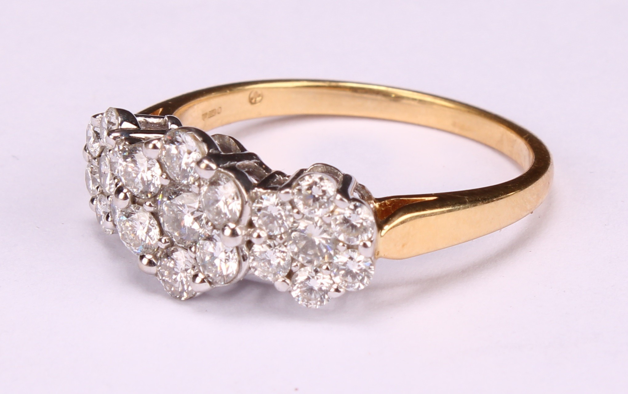 A diamond cluster ring, three graduated flowerhead cluster set with twenty one round brilliant cut - Image 3 of 5