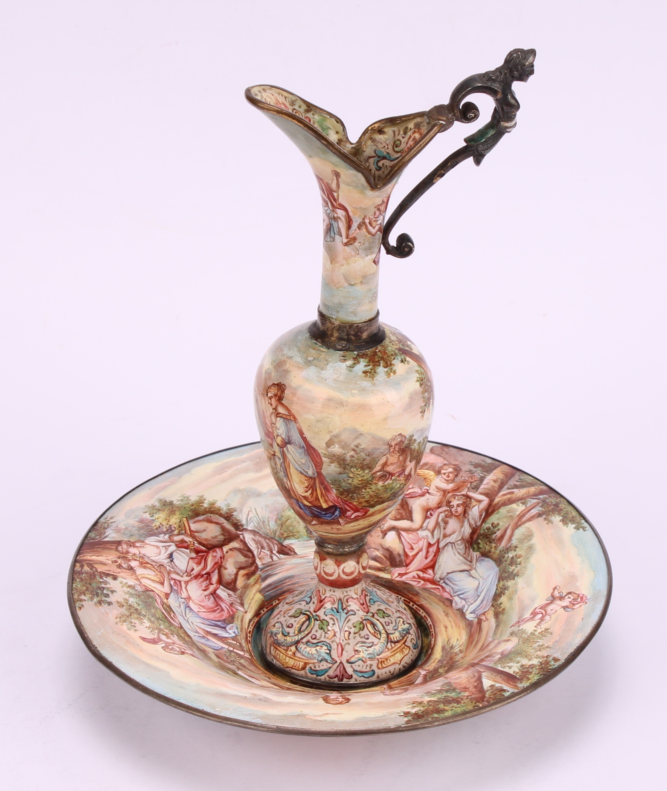 An Austrian enamel miniature ewer and basin, decorated in polychrome in the 18th century taste - Image 3 of 13