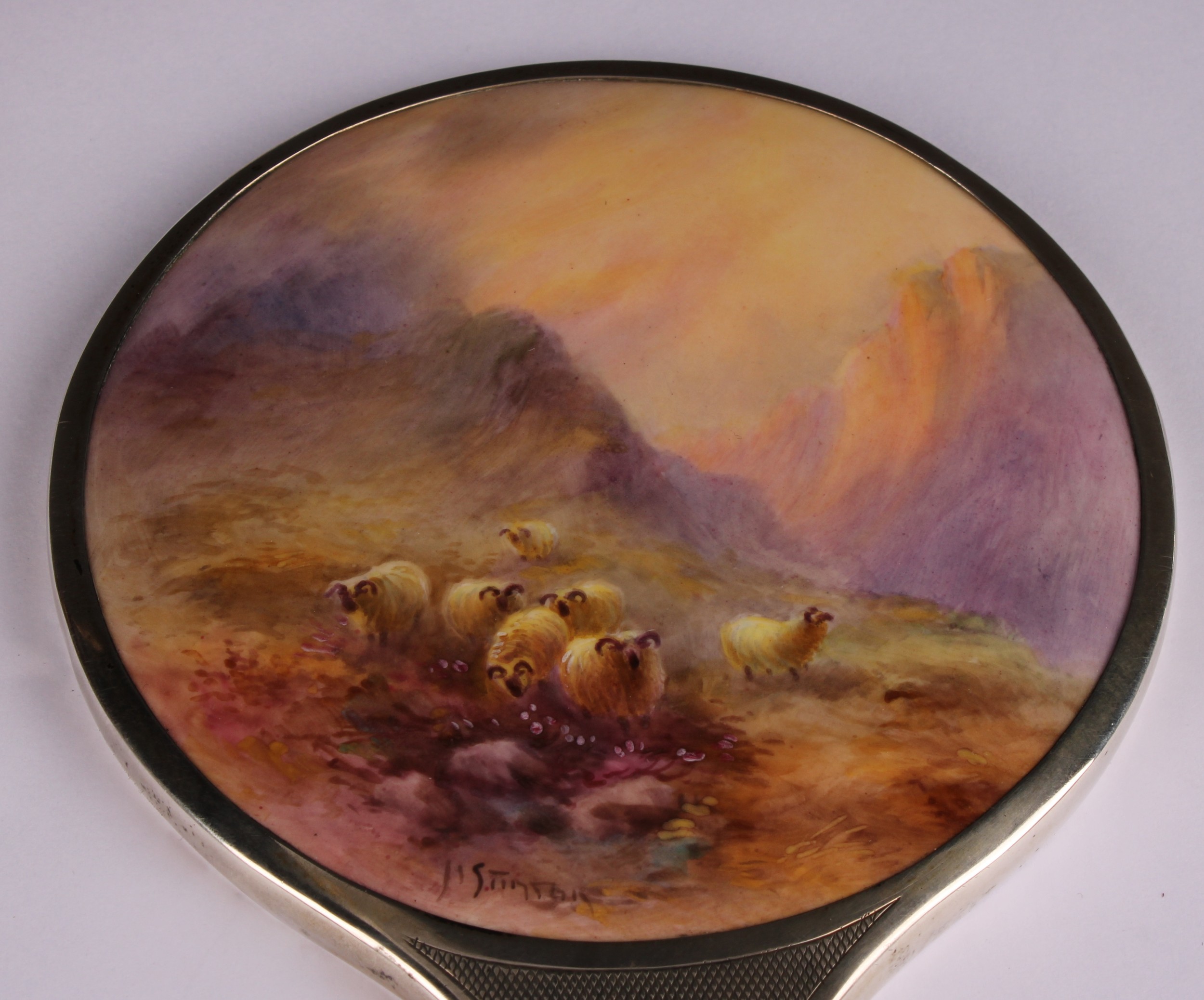 A Royal Worcester mounted silver hand mirror, the plaque painted by Harry Stinton, signed, with - Image 3 of 6