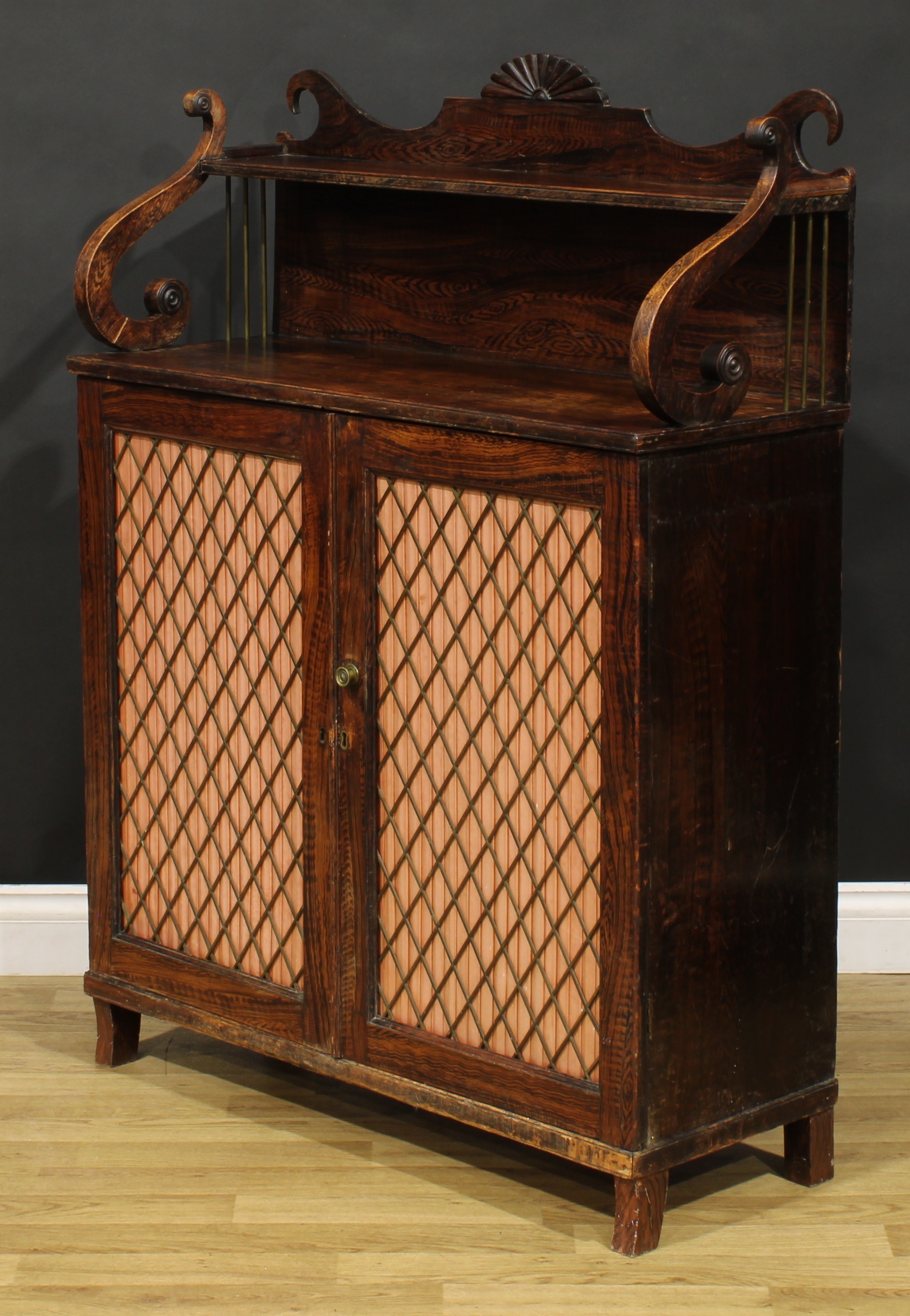 An unusual George IV simulated rosewood chiffonier, shaped superstructure with shallow shelf, - Image 4 of 5