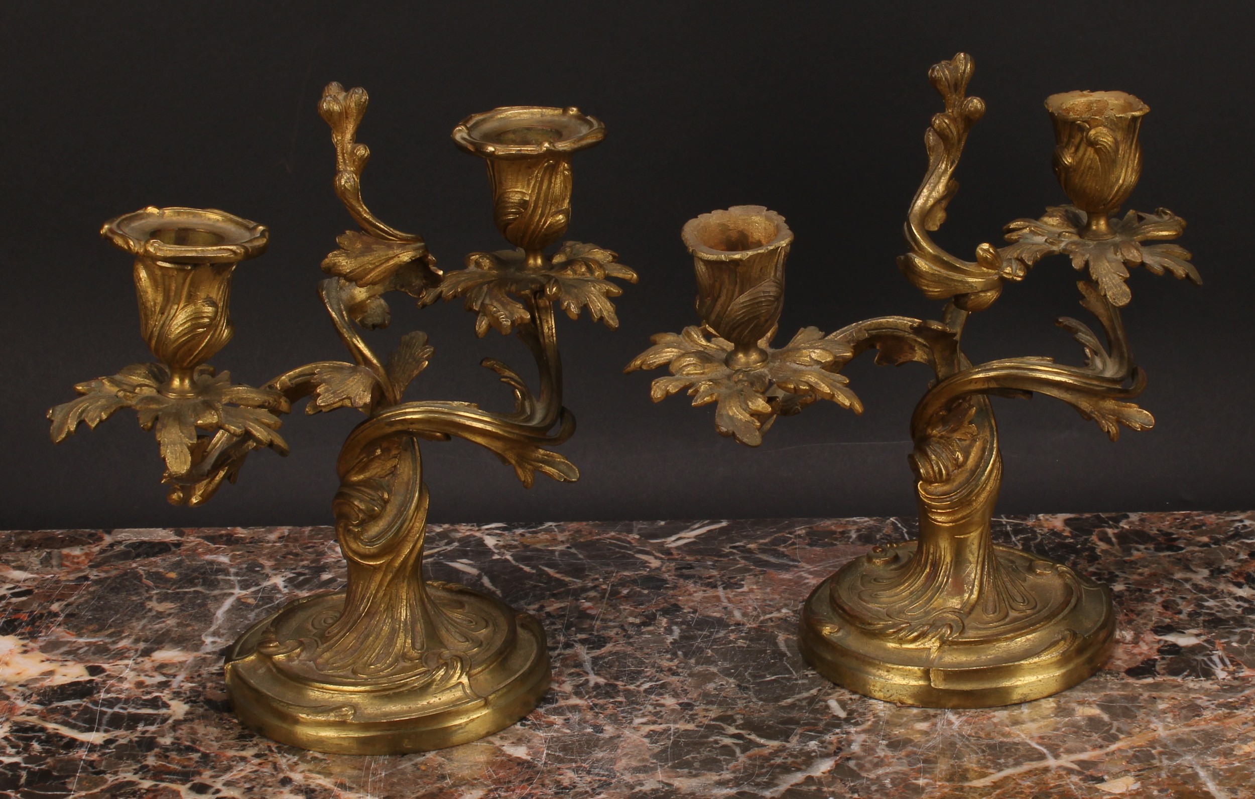 A pair of 19th century gilt brass two-light candelabra, cast with scrolling acanthus, 21cm high, c. - Image 3 of 5