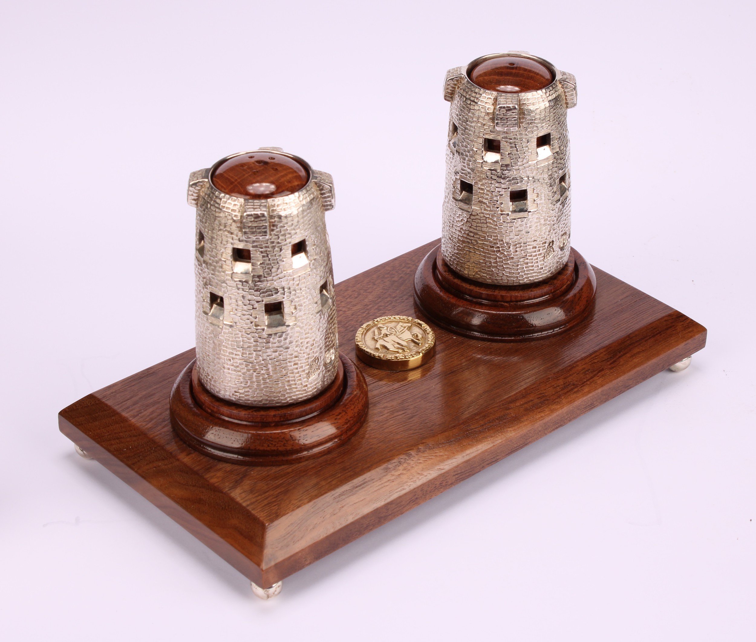 A Channel Islands silver novelty cruet stand, the condiments cast as Martello towers, each removable - Image 3 of 5