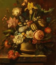 Dutch School (20th century) Still Life, Flowers in a Vase on a Ledge, signed Blahus, oil on