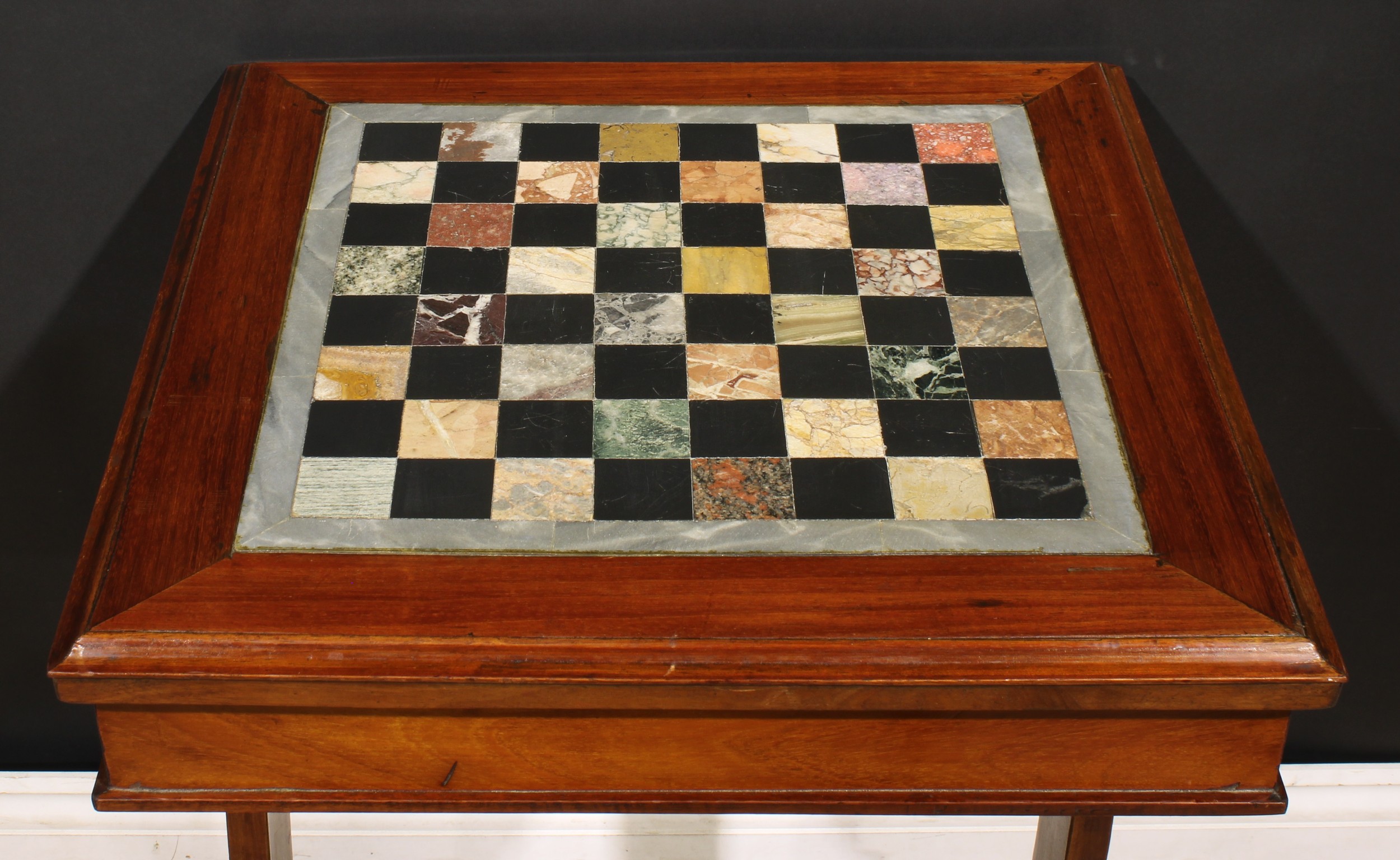 A 19th century mahogany and specimen marble games table, square top with moulded edge and inset - Image 5 of 5