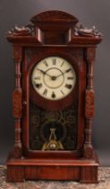 A 19th century American musical shelf clock, 14cm painted dial inscribed with Roman numerals,