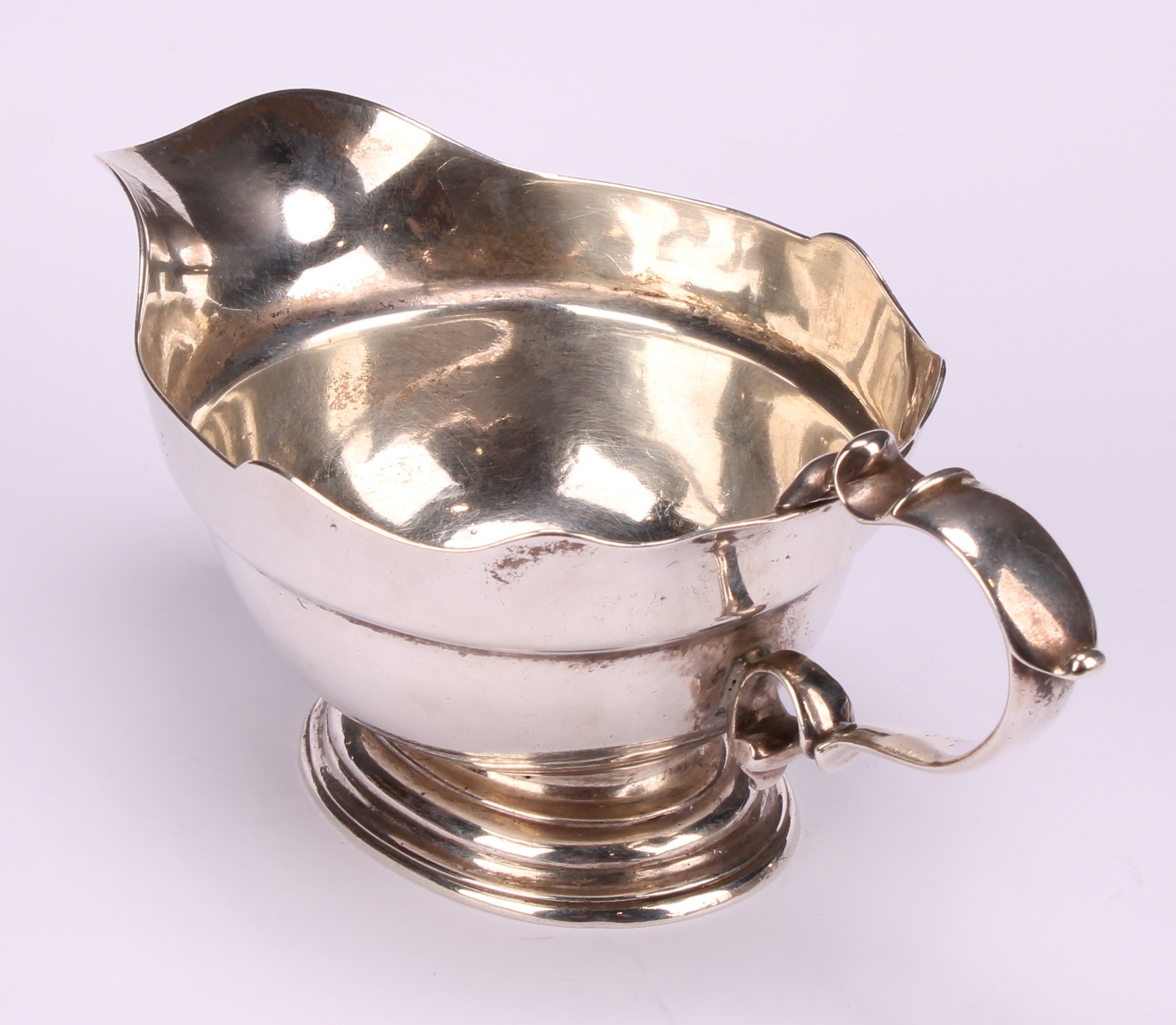 A pair of early George II silver sauce boats, wavy borders, scroll handles, cast bases, 19.5cm long, - Image 4 of 8