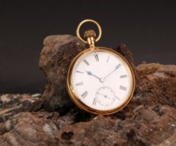 An 18ct gold open face pocket watch, white enamel dial, Roman numerals, subsidiary seconds dial with