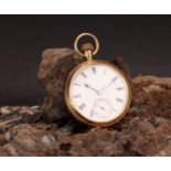 An 18ct gold open face pocket watch, white enamel dial, Roman numerals, subsidiary seconds dial with