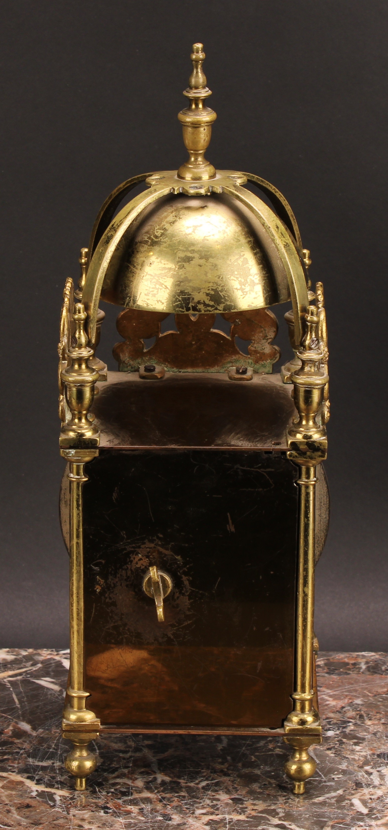 A 17th century style brass lantern timepiece, 11.5cm silvered clock dial inscribed with Roman - Image 4 of 4