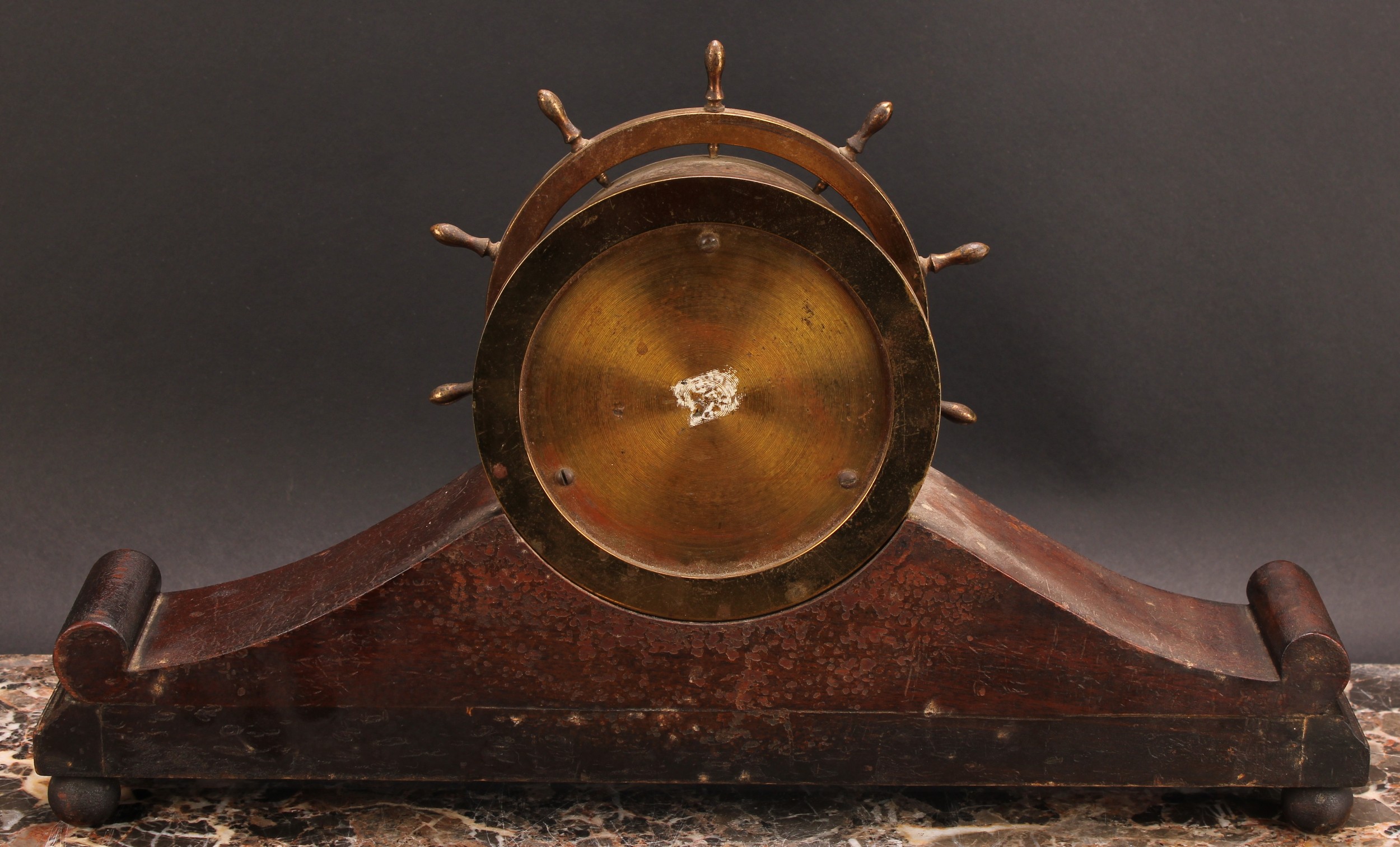 An early 20th century brass and mahogany ship’s wheel mantel clock, 10.5cm silvered dial inscribed - Image 4 of 4