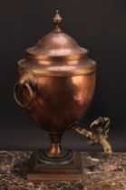 A Regency copper and brass pedestal samovar, domed cover with urnular finial, ring handles, square