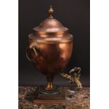 A Regency copper and brass pedestal samovar, domed cover with urnular finial, ring handles, square